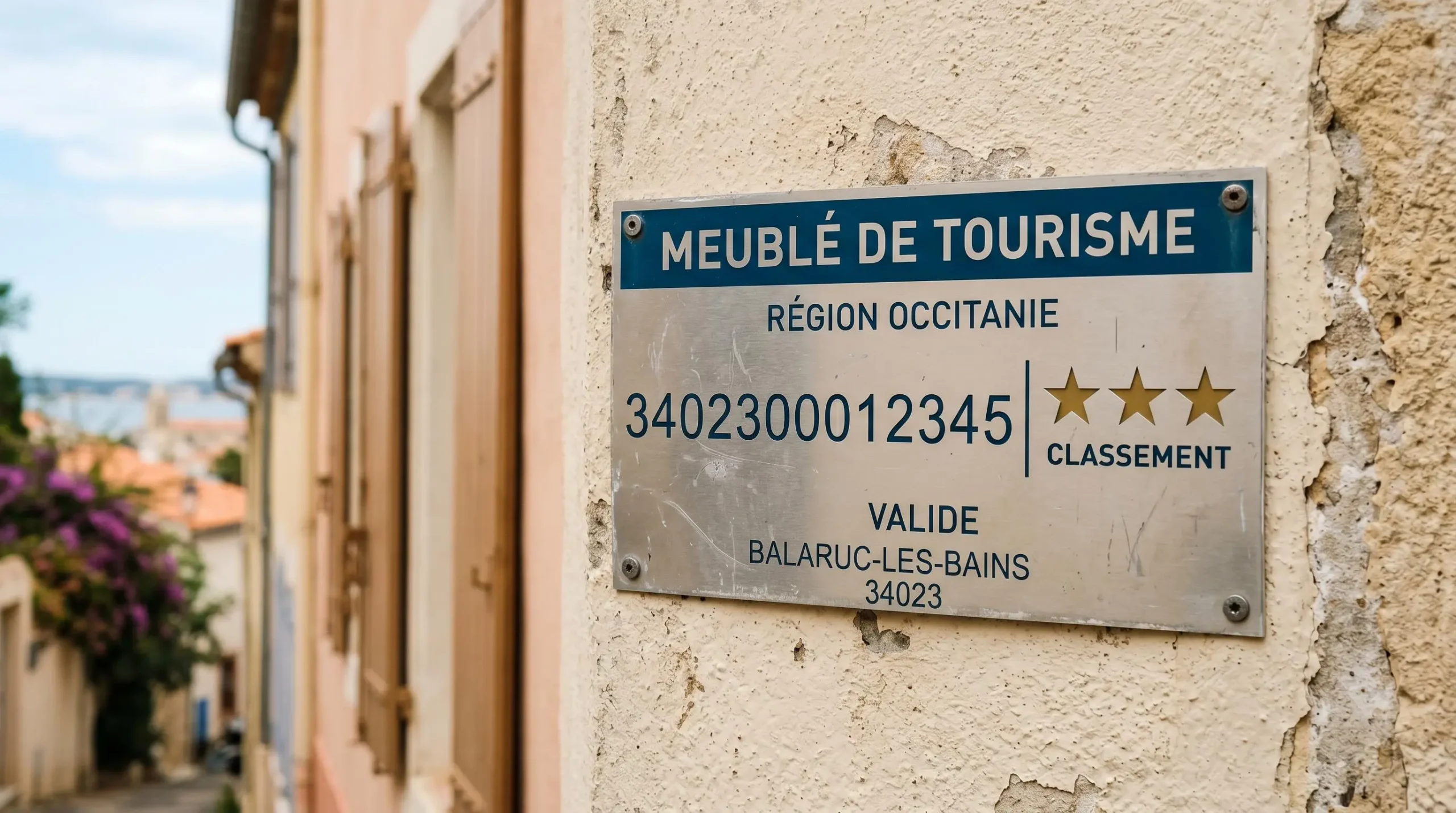 Gros plan sur une plaque officielle de numéro d'enregistrement d'un meublé de tourisme classé avec étoiles, apposée sur le mur extérieur d'un immeuble à Balaruc-les-Bains