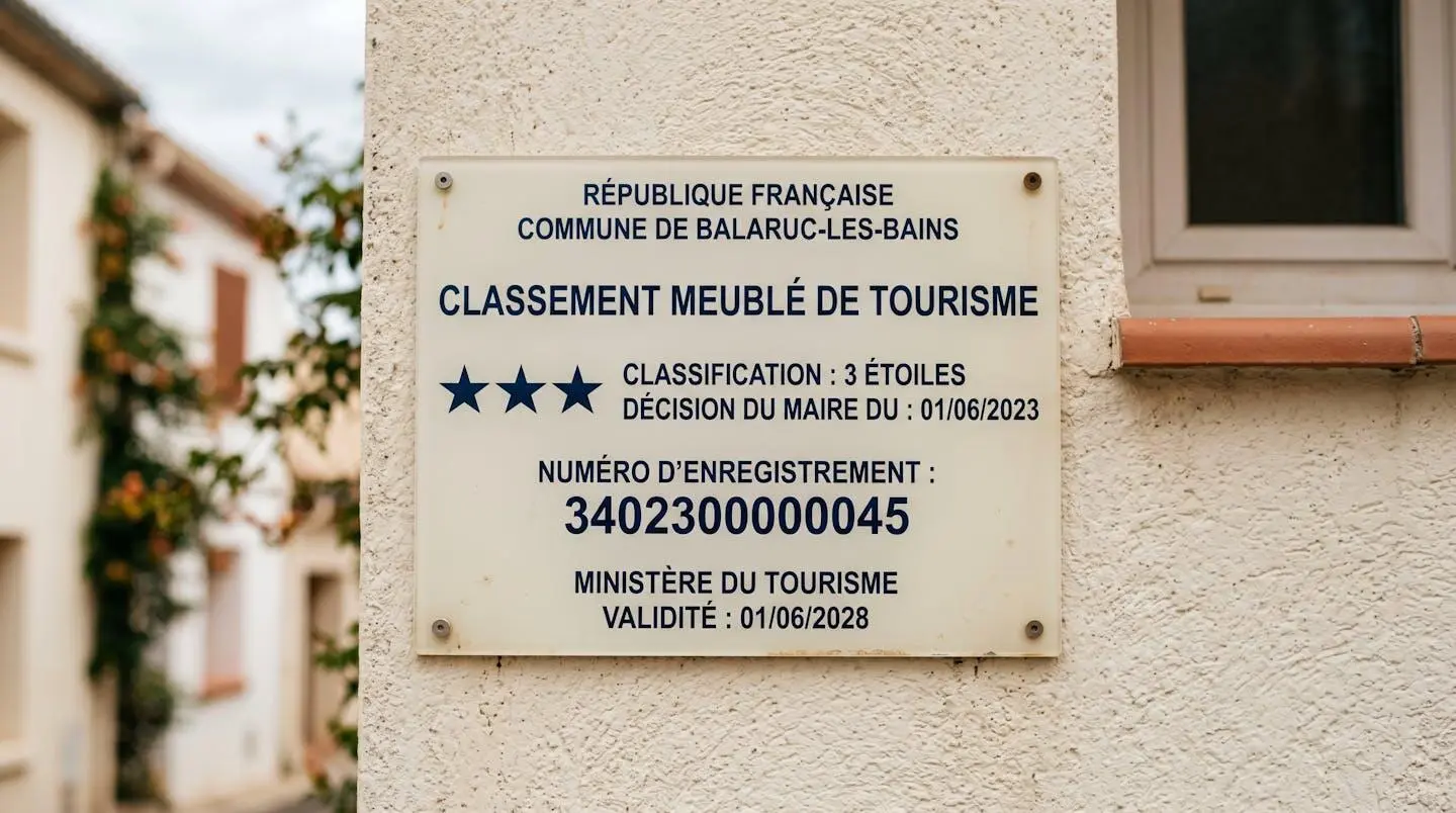 Gros plan sur une plaque officielle de numéro d'enregistrement d'un meublé de tourisme classé avec étoiles, apposée sur le mur extérieur d'un immeuble à Balaruc-les-Bains
