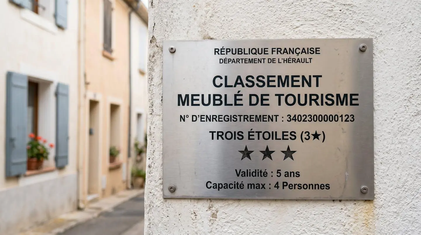 Gros plan sur une plaque officielle de numéro d'enregistrement d'un meublé de tourisme classé avec étoiles, apposée sur le mur extérieur d'un immeuble à Balaruc-les-Bains