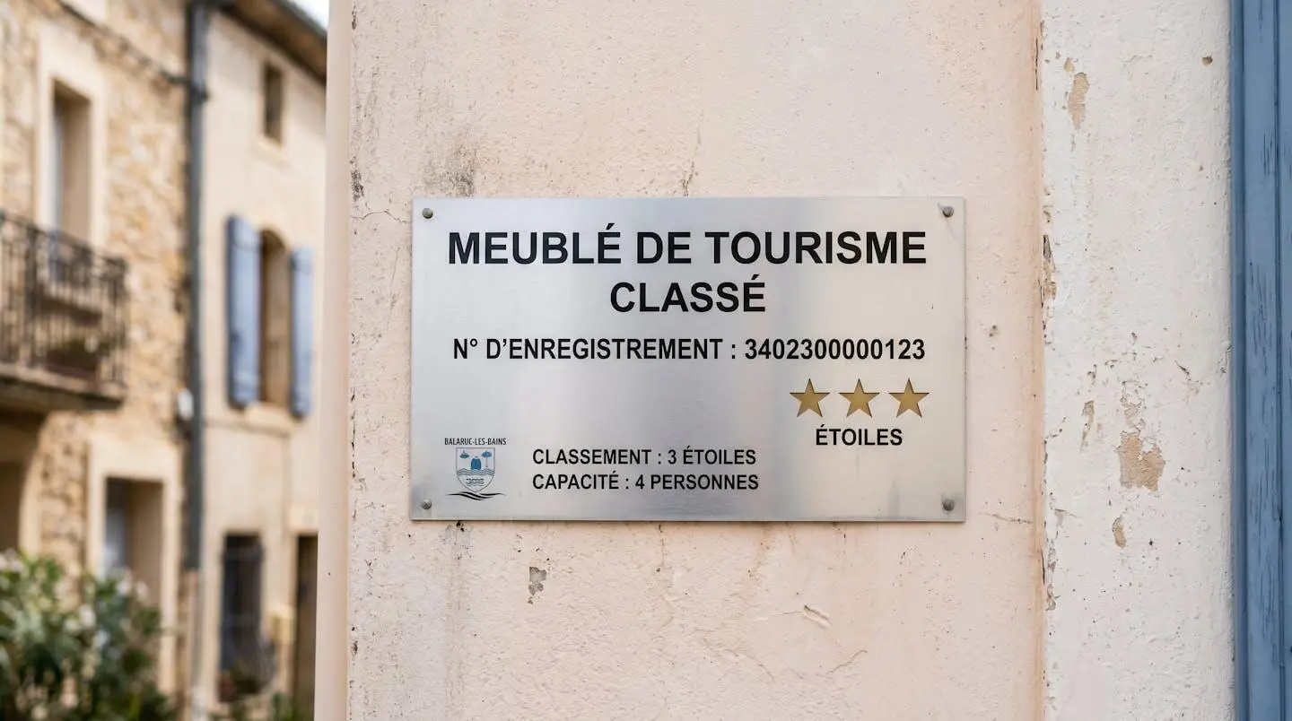 Gros plan sur une plaque officielle de numéro d'enregistrement d'un meublé de tourisme classé avec étoiles, apposée sur le mur extérieur d'un immeuble à Balaruc-les-Bains