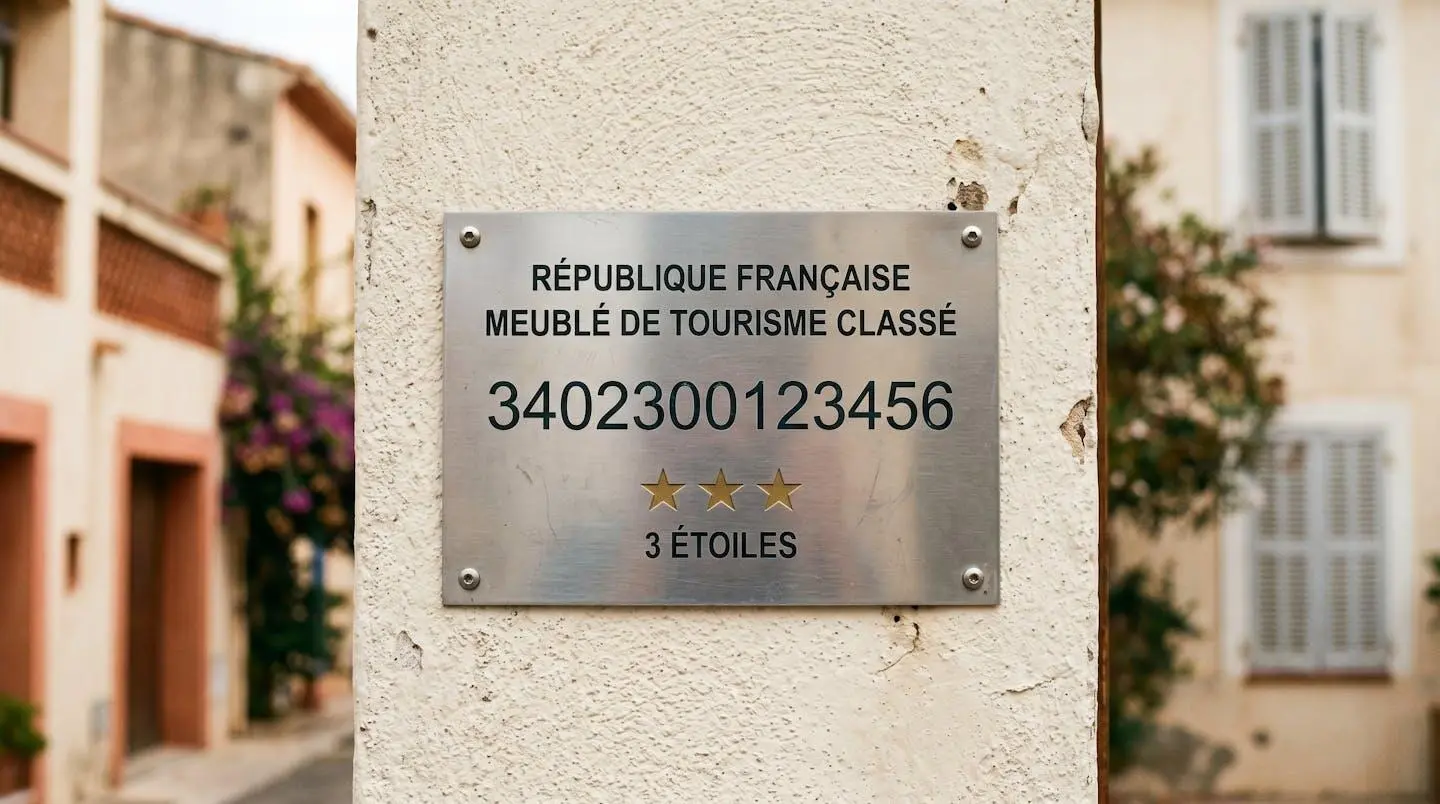 Gros plan sur une plaque officielle de numéro d'enregistrement d'un meublé de tourisme classé avec étoiles, apposée sur le mur extérieur d'un immeuble à Balaruc-les-Bains