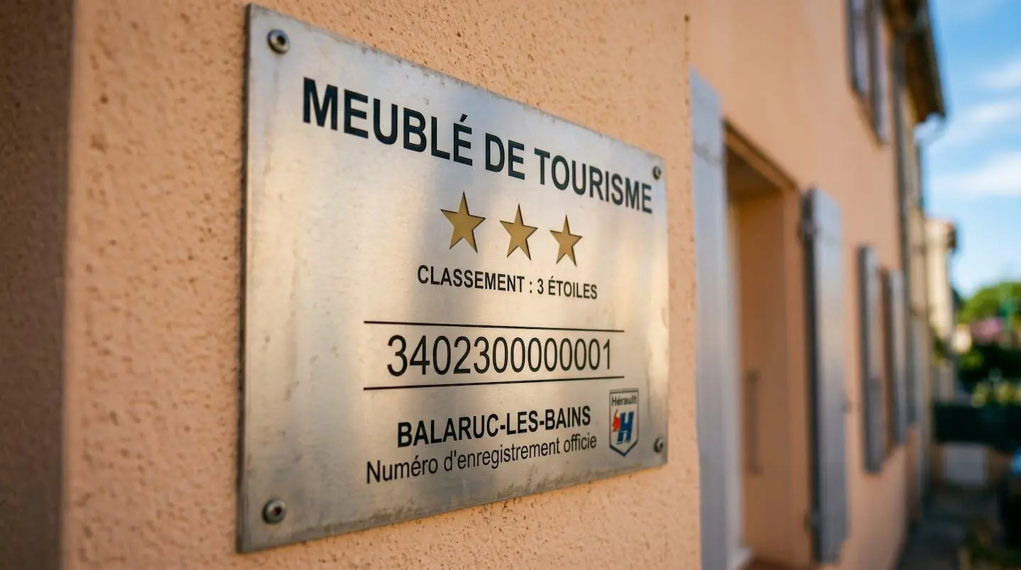 Gros plan sur une plaque officielle de numéro d'enregistrement d'un meublé de tourisme classé avec étoiles, apposée sur le mur extérieur d'un immeuble à Balaruc-les-Bains