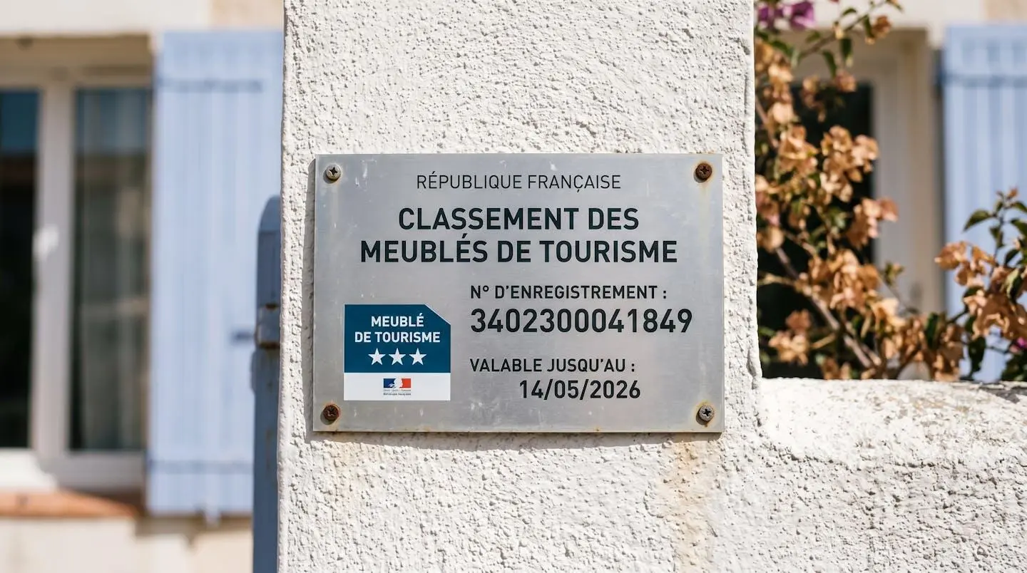 Gros plan sur une plaque officielle de numéro d'enregistrement d'un meublé de tourisme classé avec étoiles, apposée sur le mur extérieur d'un immeuble à Balaruc-les-Bains