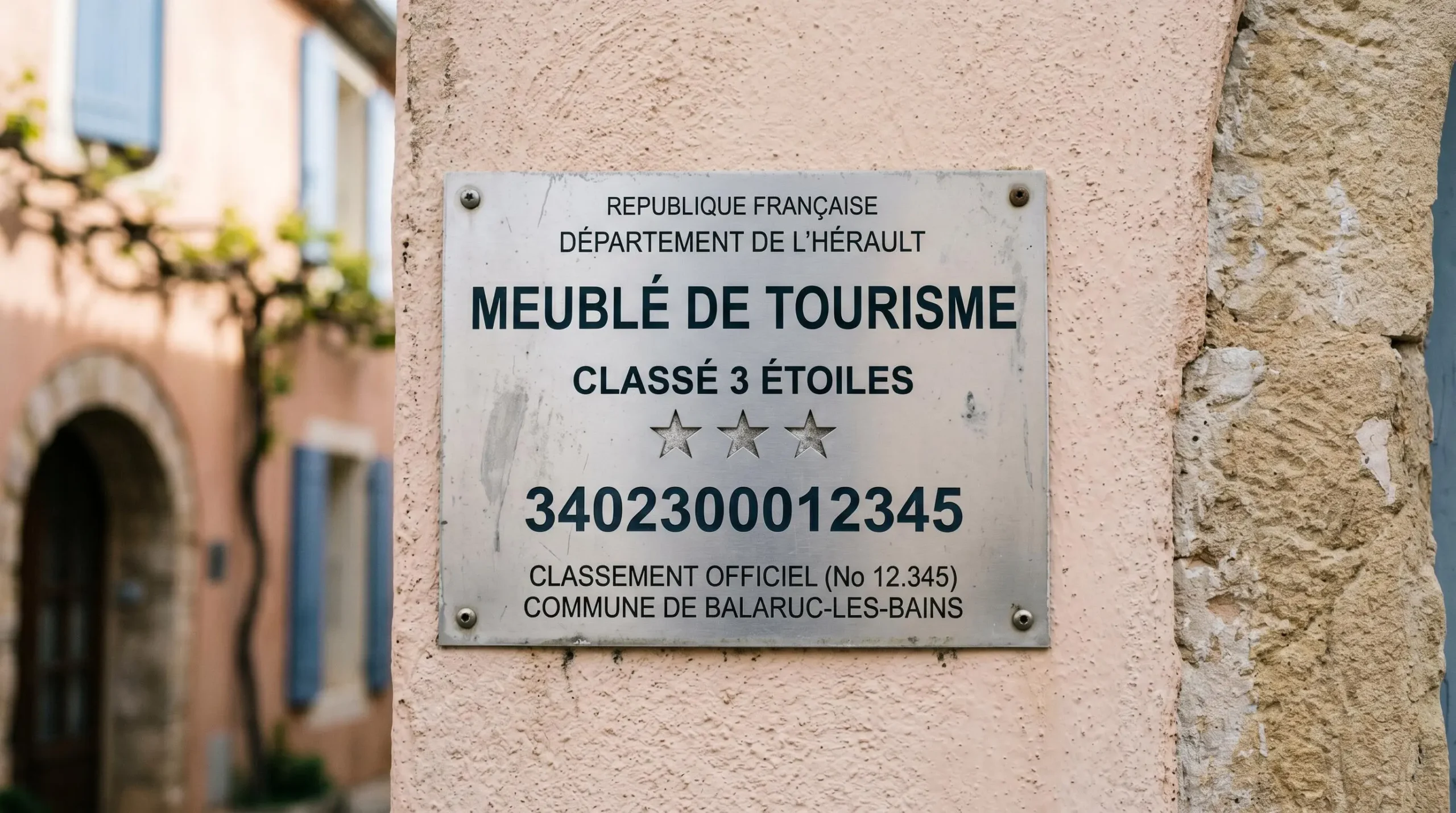 Gros plan sur une plaque officielle de numéro d'enregistrement d'un meublé de tourisme classé avec étoiles, apposée sur le mur extérieur d'un immeuble à Balaruc-les-Bains