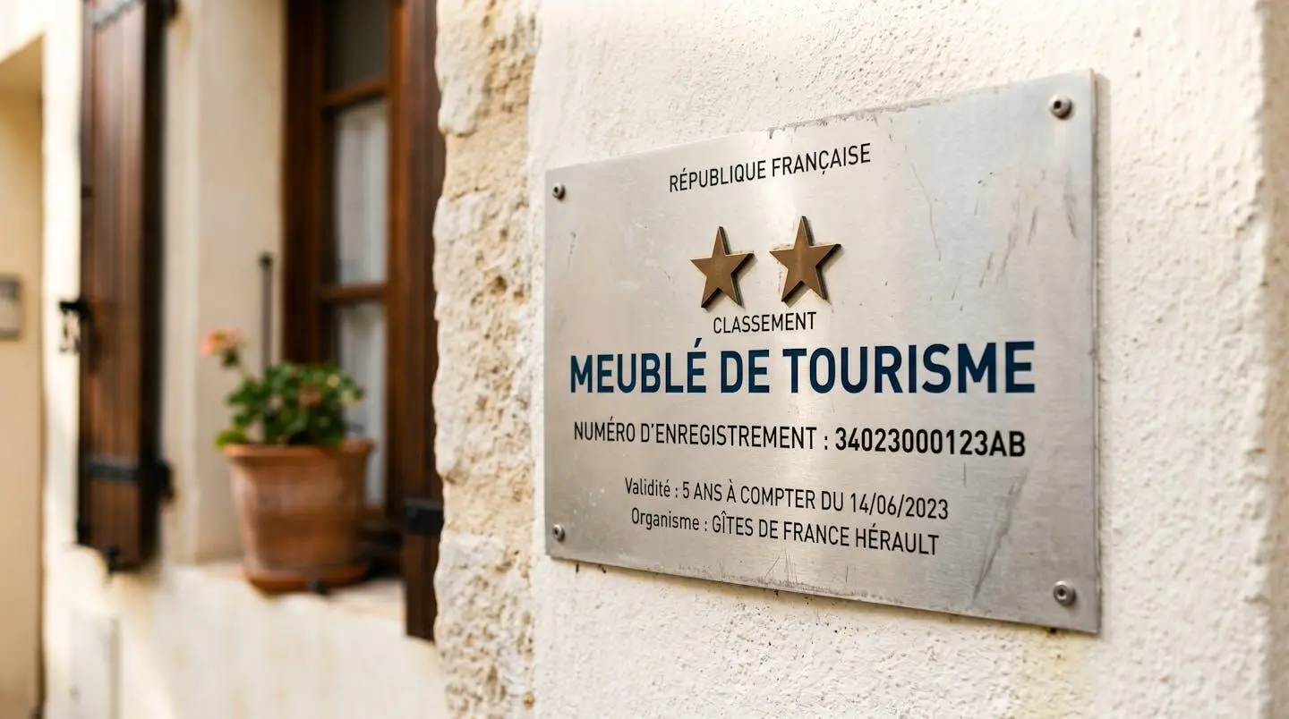 Gros plan sur une plaque officielle de numéro d'enregistrement d'un meublé de tourisme classé avec étoiles, apposée sur le mur extérieur d'un immeuble à Balaruc-les-Bains