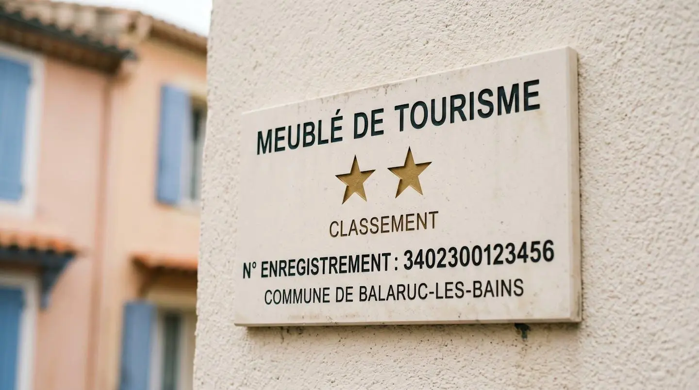 Gros plan sur une plaque officielle de numéro d'enregistrement d'un meublé de tourisme classé avec étoiles, apposée sur le mur extérieur d'un immeuble à Balaruc-les-Bains