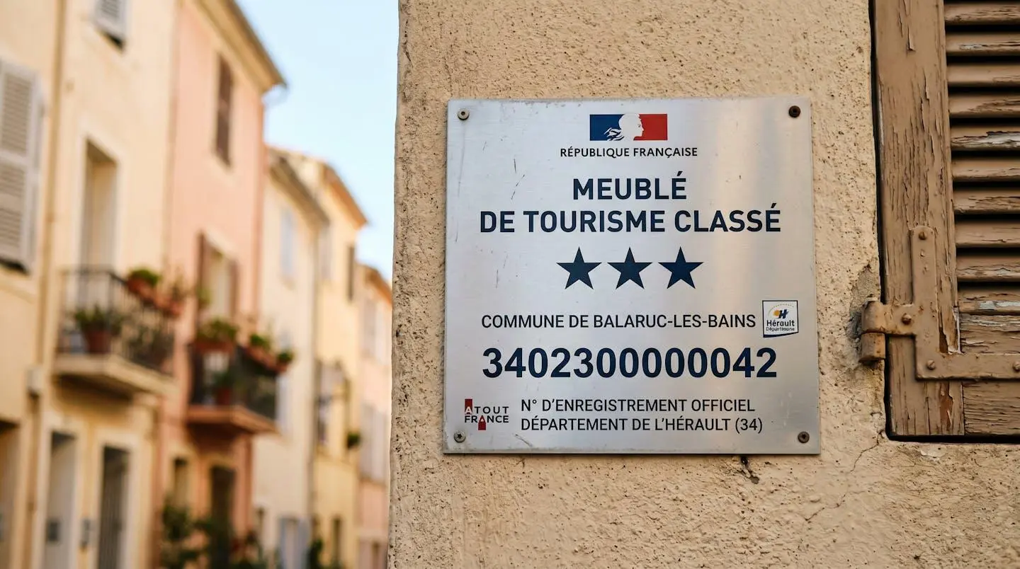 Gros plan sur une plaque officielle de numéro d'enregistrement d'un meublé de tourisme classé avec étoiles, apposée sur le mur extérieur d'un immeuble à Balaruc-les-Bains