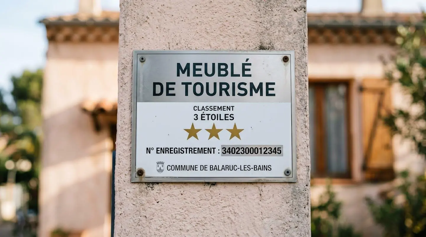 Gros plan sur une plaque officielle de numéro d'enregistrement d'un meublé de tourisme classé avec étoiles, apposée sur le mur extérieur d'un immeuble à Balaruc-les-Bains