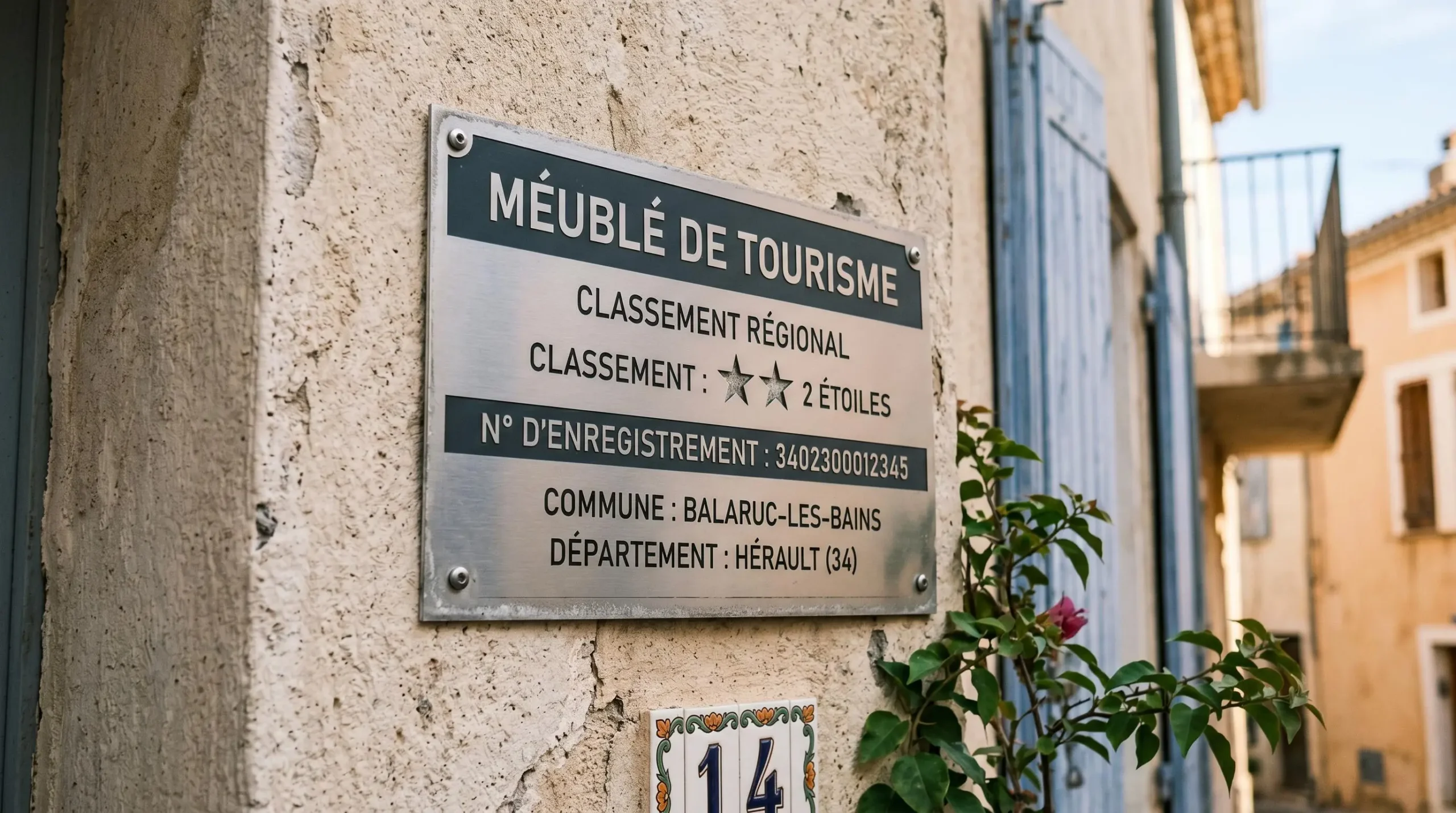 Gros plan sur une plaque officielle de numéro d'enregistrement d'un meublé de tourisme classé avec étoiles, apposée sur le mur extérieur d'un immeuble à Balaruc-les-Bains