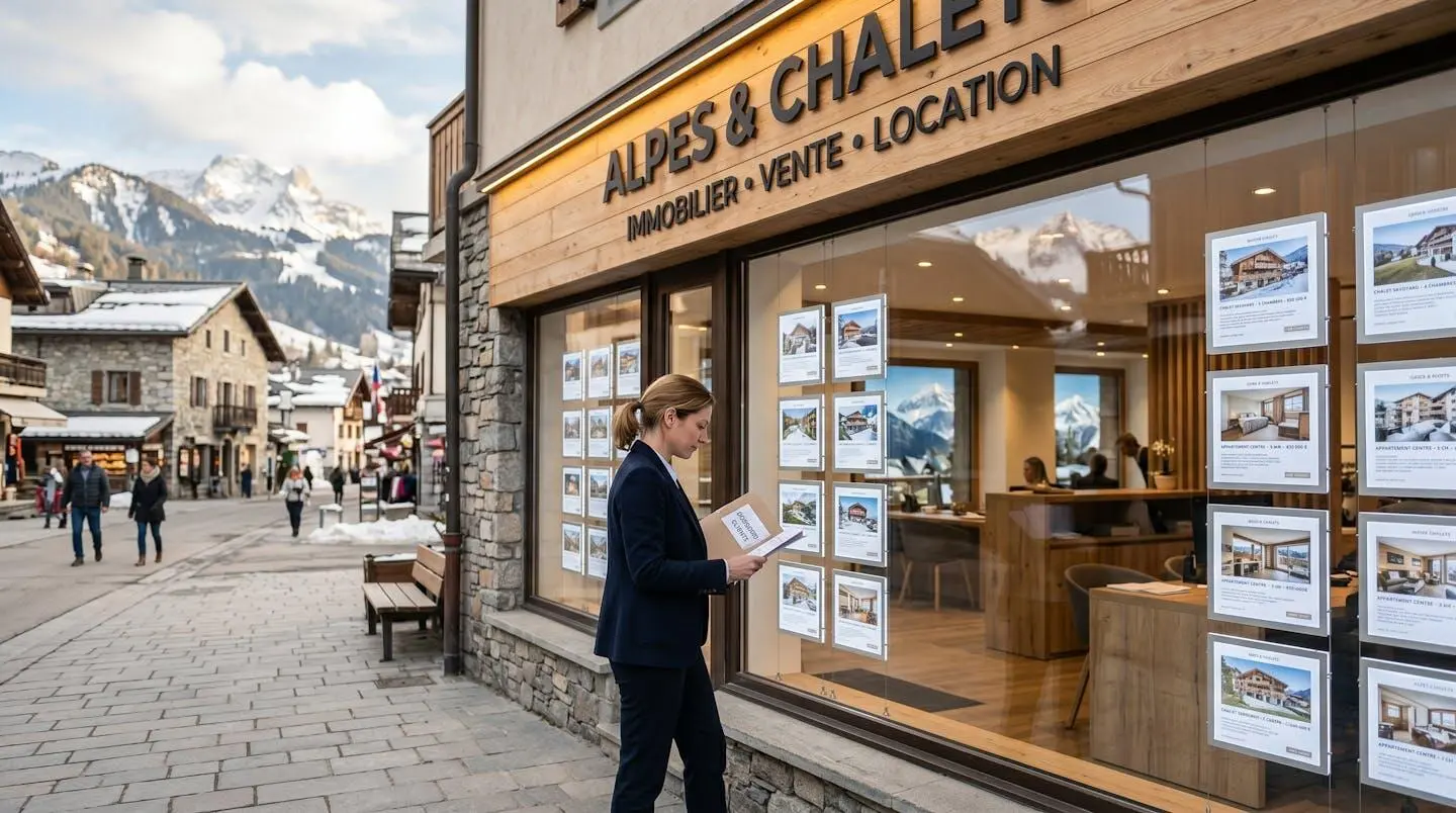 Professionnelle de l'immobilier consultant un dossier devant la vitrine d'une agence immobilière en station de montagne alpine, avec annonces de biens et paysage montagnard en arrière-plan