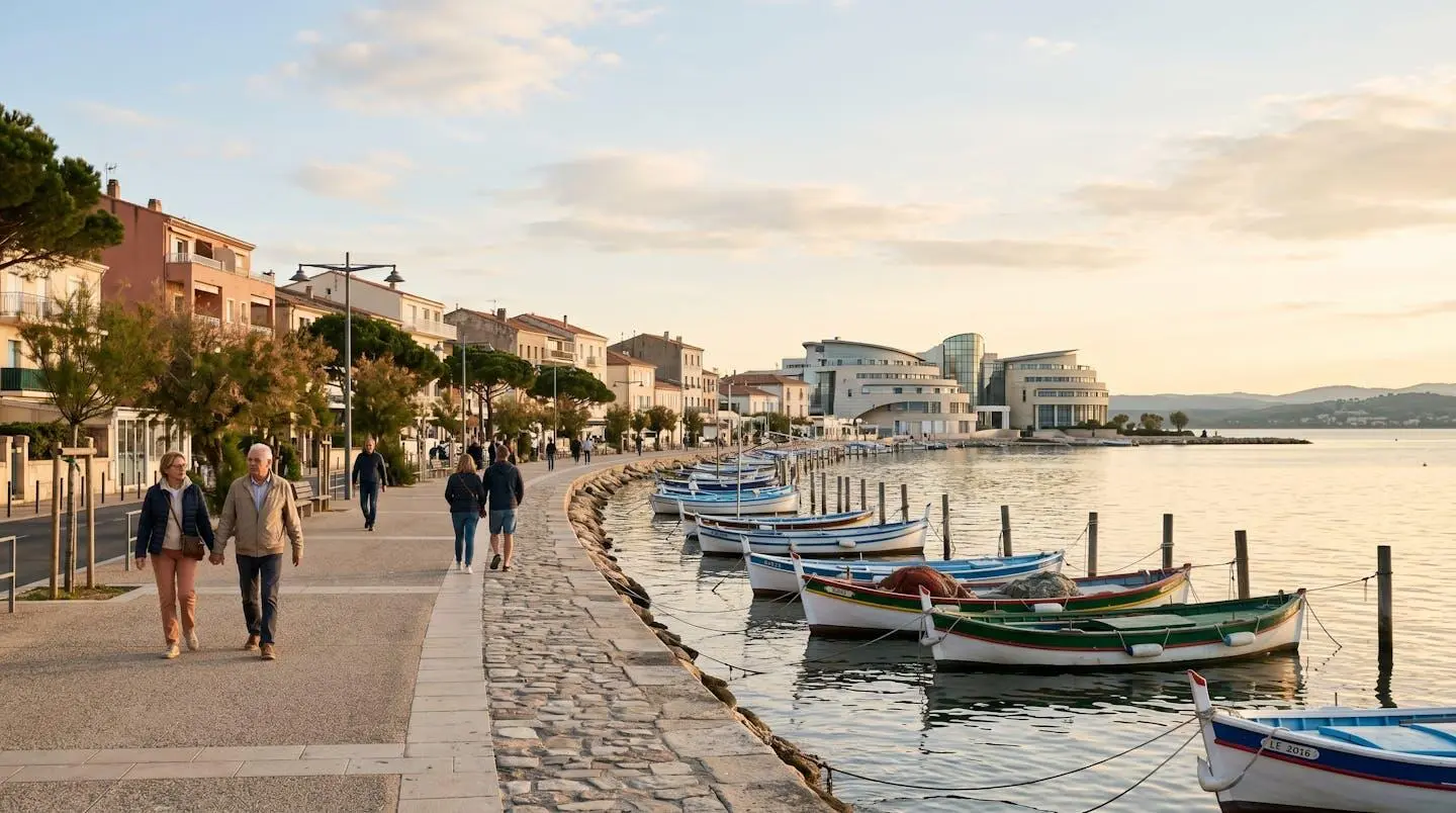 Vue panoramique de la promenade du bord de l'étang de Thau à Balaruc-les-Bains en lumière dorée de fin d'après-midi, avec l'établissement thermal en arrière-plan et des bateaux de pêche traditionnels amarrés
