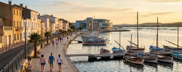 Vue panoramique de la promenade du bord de l'étang de Thau à Balaruc-les-Bains en lumière dorée de fin d'après-midi, avec l'établissement thermal en arrière-plan et des bateaux de pêche traditionnels amarrés