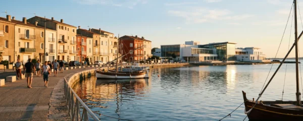 Vue panoramique de la promenade du bord de l'étang de Thau à Balaruc-les-Bains en lumière dorée de fin d'après-midi, avec l'établissement thermal en arrière-plan et des bateaux de pêche traditionnels amarrés