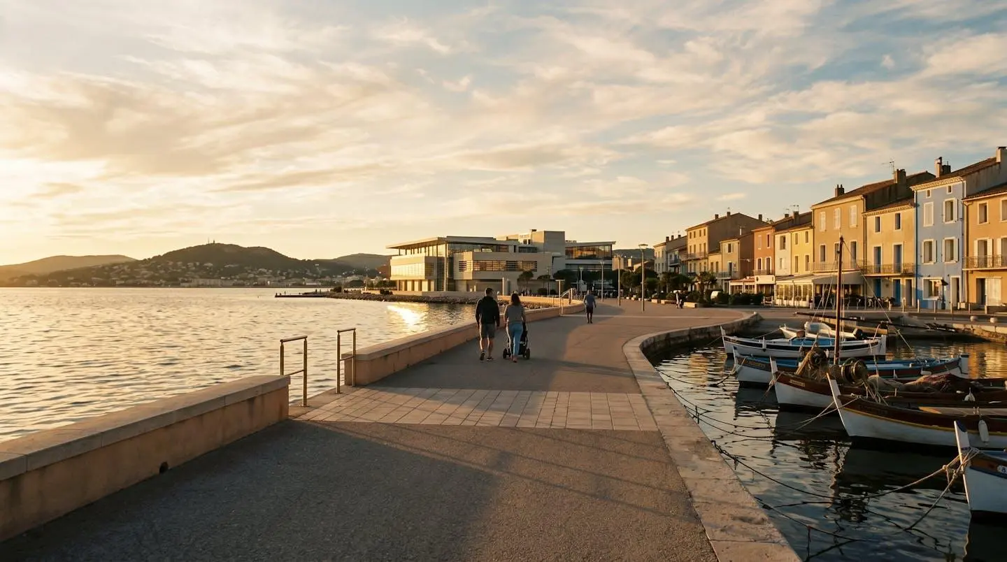 Vue panoramique de la promenade du bord de l'étang de Thau à Balaruc-les-Bains en lumière dorée de fin d'après-midi, avec l'établissement thermal en arrière-plan et des bateaux de pêche traditionnels amarrés