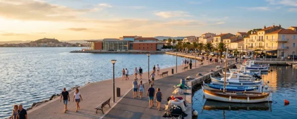 Vue panoramique de la promenade du bord de l'étang de Thau à Balaruc-les-Bains en lumière dorée de fin d'après-midi, avec l'établissement thermal en arrière-plan et des bateaux de pêche traditionnels amarrés