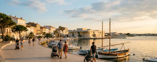 Vue panoramique de la promenade du bord de l'étang de Thau à Balaruc-les-Bains en lumière dorée de fin d'après-midi, avec l'établissement thermal en arrière-plan et des bateaux de pêche traditionnels amarrés