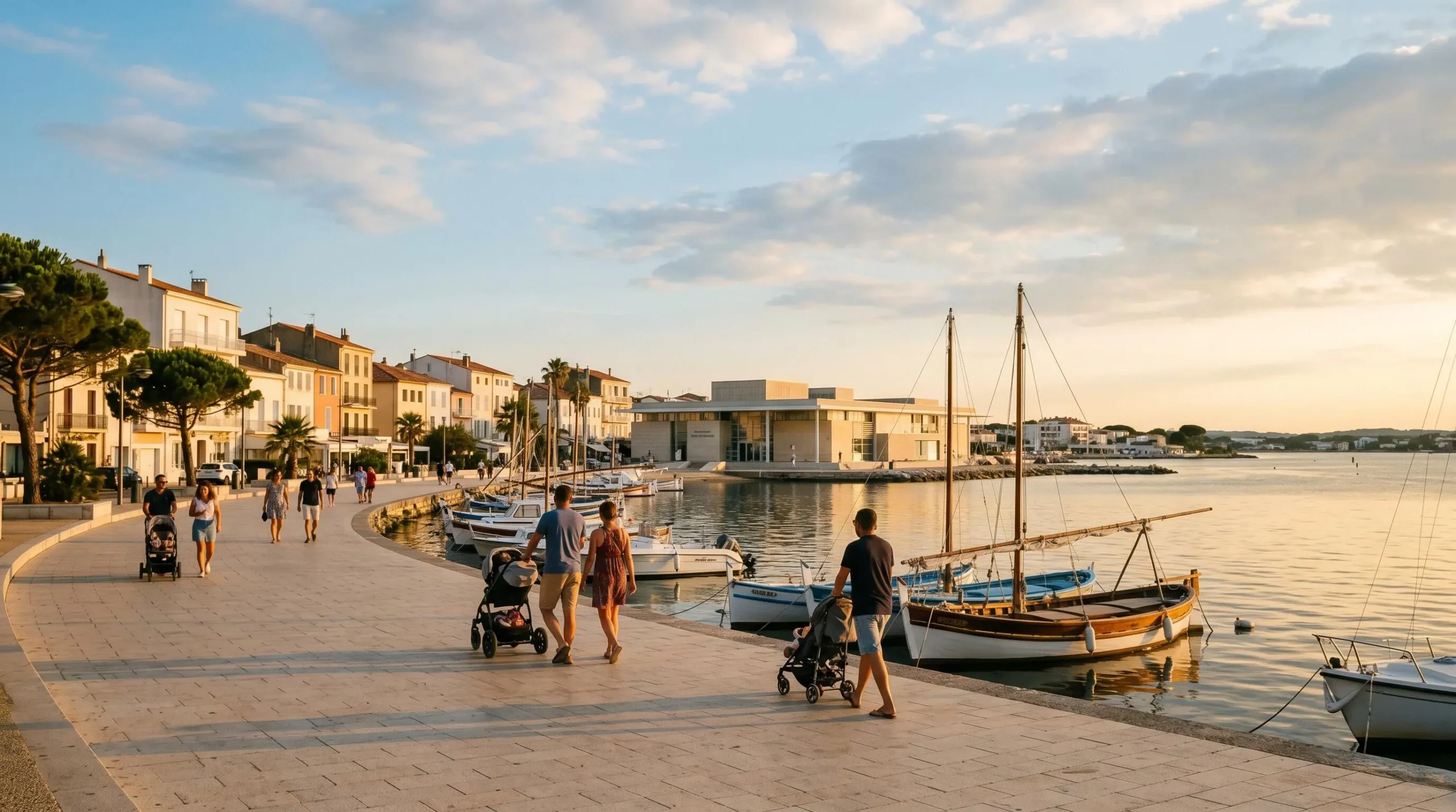 Vue panoramique de la promenade du bord de l'étang de Thau à Balaruc-les-Bains en lumière dorée de fin d'après-midi, avec l'établissement thermal en arrière-plan et des bateaux de pêche traditionnels amarrés
