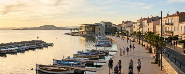 Vue panoramique de la promenade du bord de l'étang de Thau à Balaruc-les-Bains en lumière dorée de fin d'après-midi, avec l'établissement thermal en arrière-plan et des bateaux de pêche traditionnels amarrés