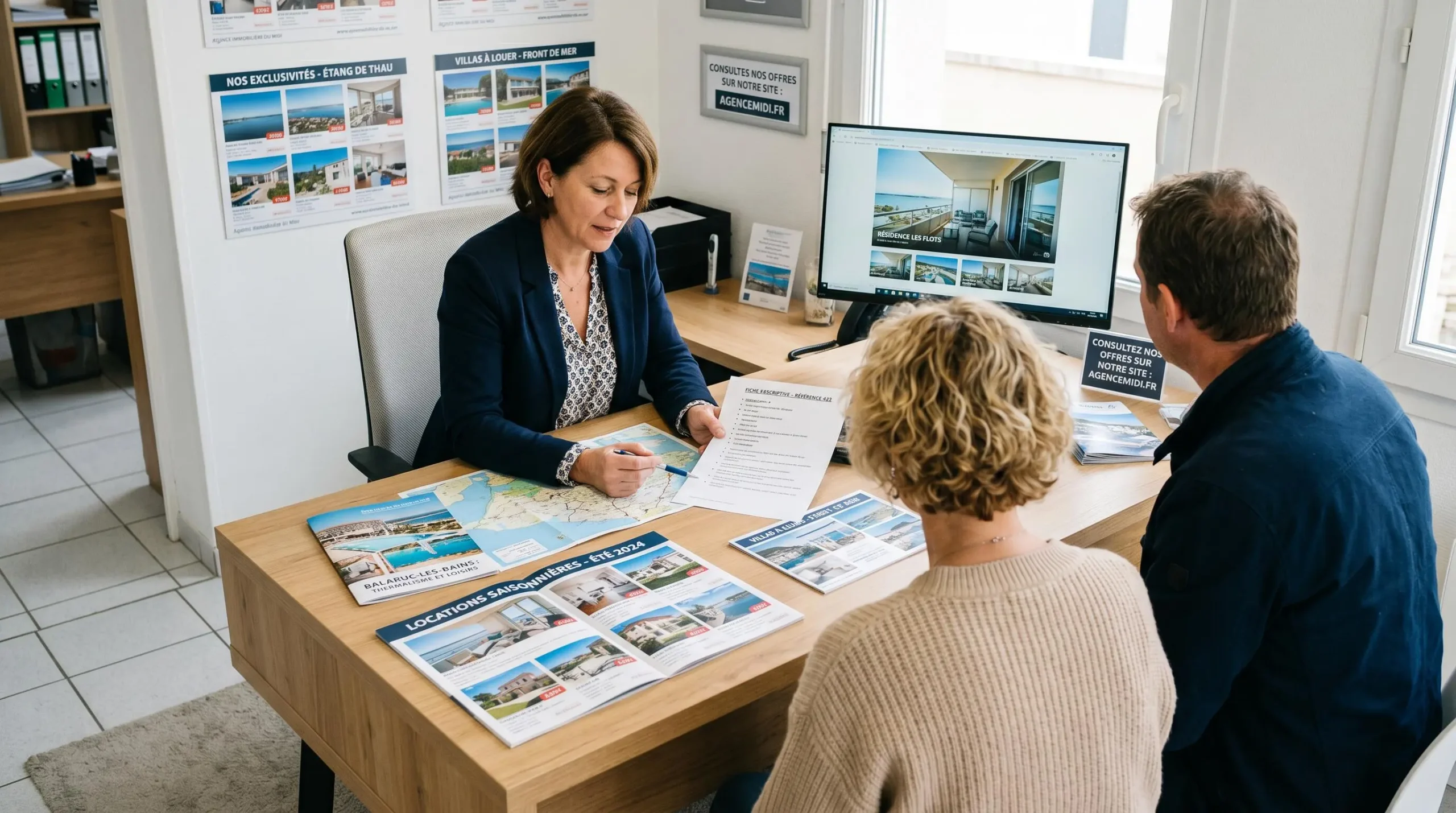 Conseillère immobilière dans une agence à Balaruc-les-Bains présentant des documents de location saisonnière à un couple de clients, bureau contemporain avec écran et brochures