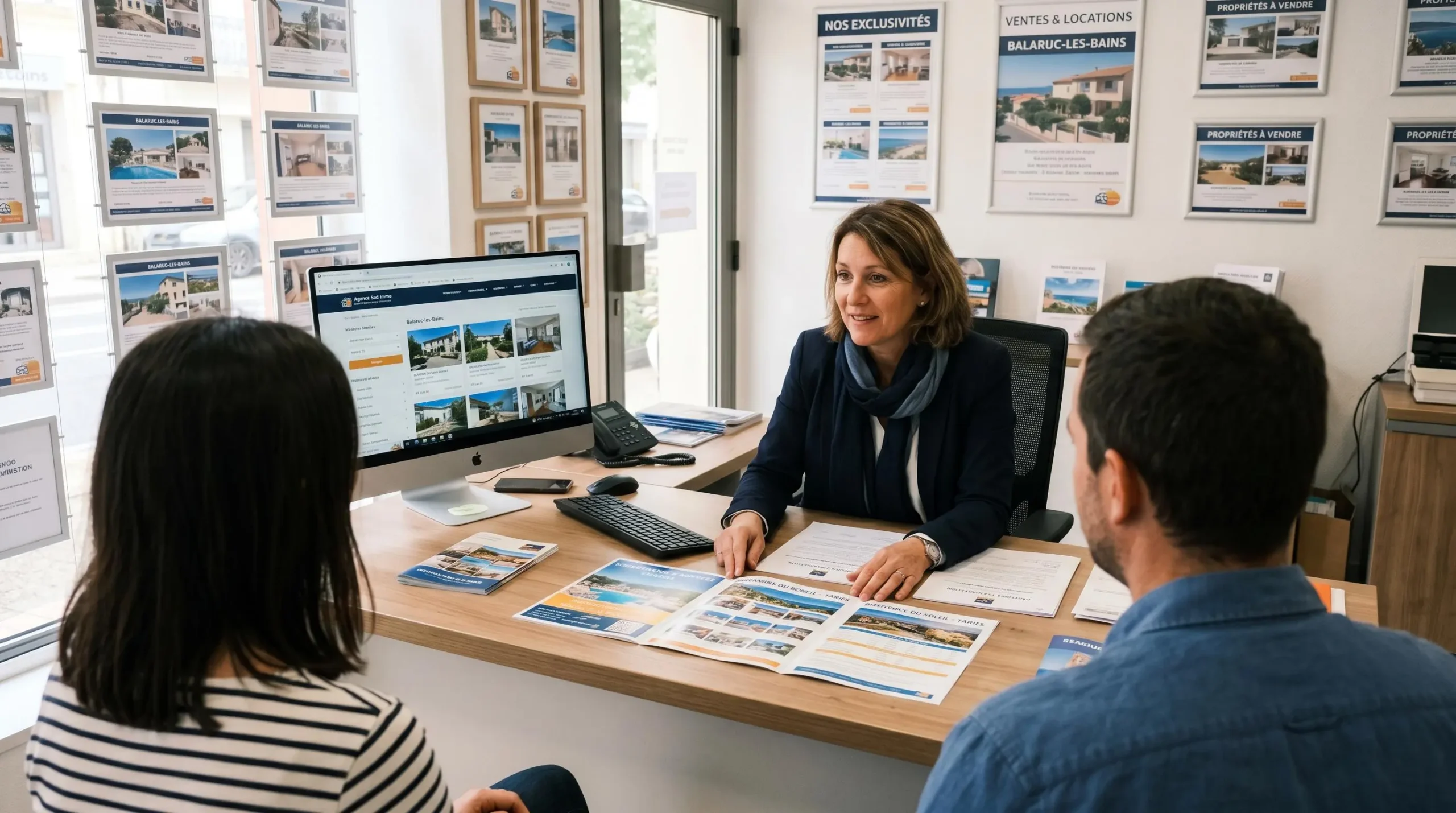 Conseillère immobilière dans une agence à Balaruc-les-Bains présentant des documents de location saisonnière à un couple de clients, bureau contemporain avec écran et brochures