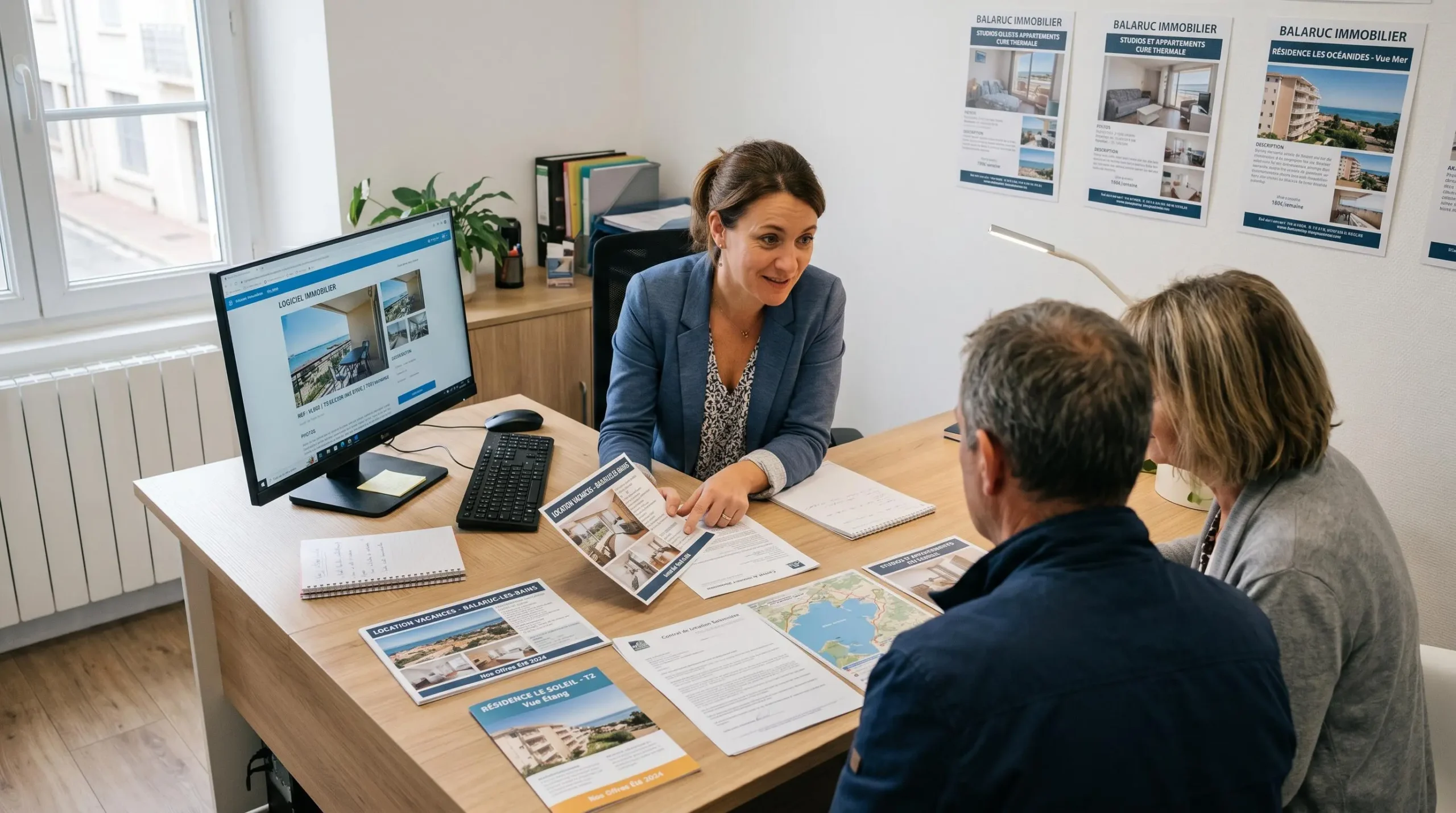 Conseillère immobilière dans une agence à Balaruc-les-Bains présentant des documents de location saisonnière à un couple de clients, bureau contemporain avec écran et brochures