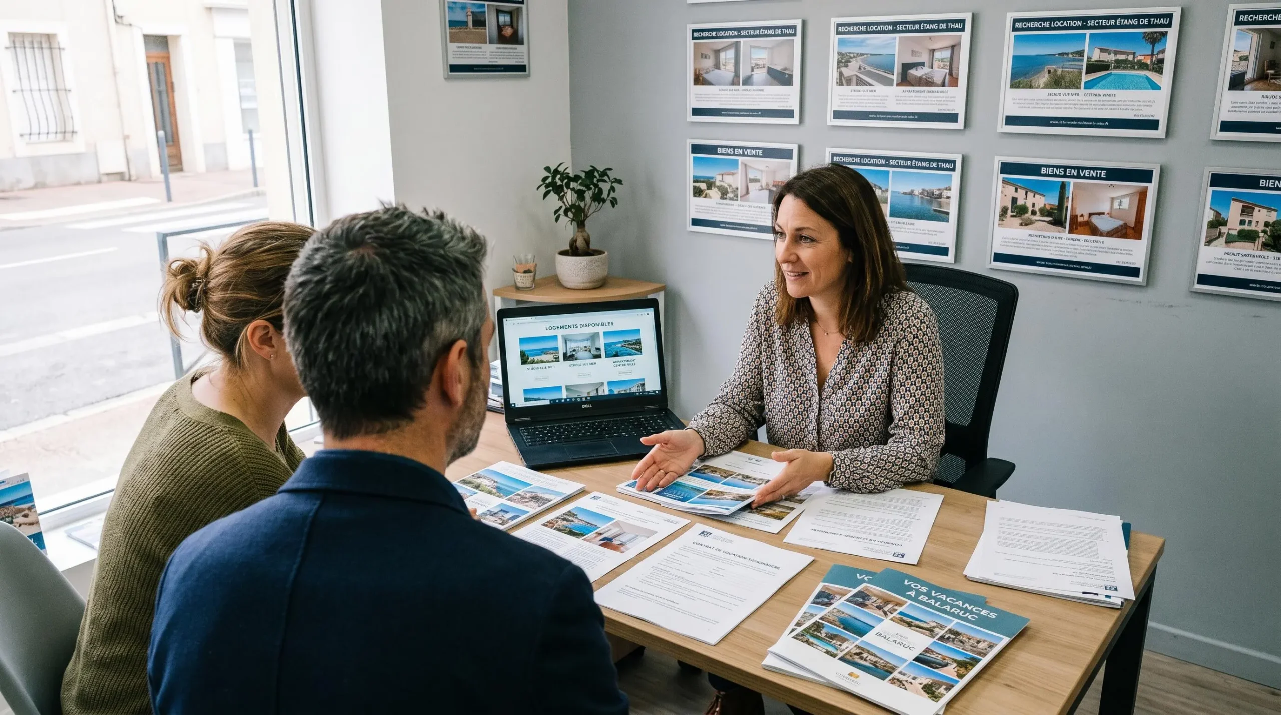 Conseillère immobilière dans une agence à Balaruc-les-Bains présentant des documents de location saisonnière à un couple de clients, bureau contemporain avec écran et brochures