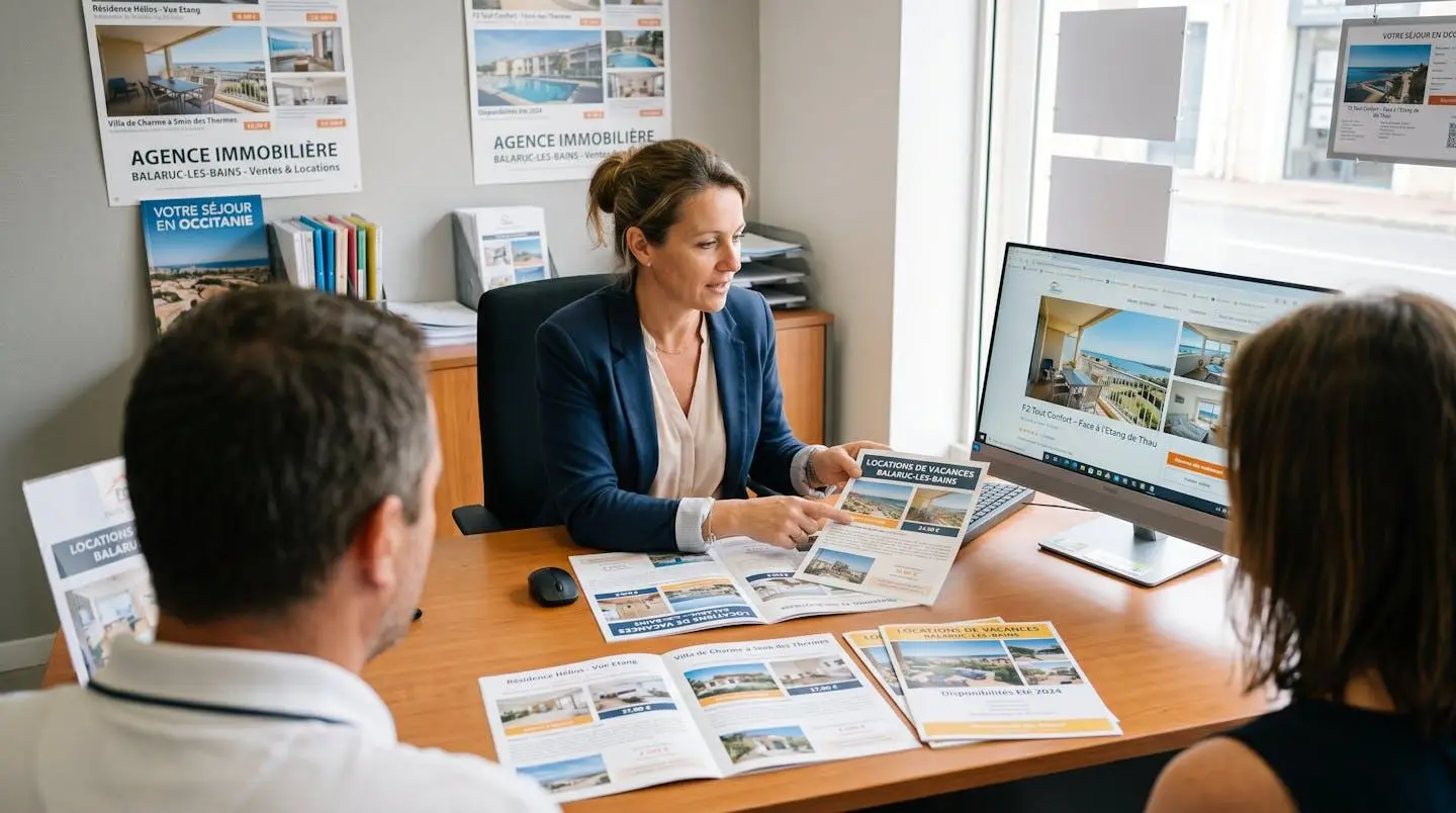 Conseillère immobilière dans une agence à Balaruc-les-Bains présentant des documents de location saisonnière à un couple de clients, bureau contemporain avec écran et brochures