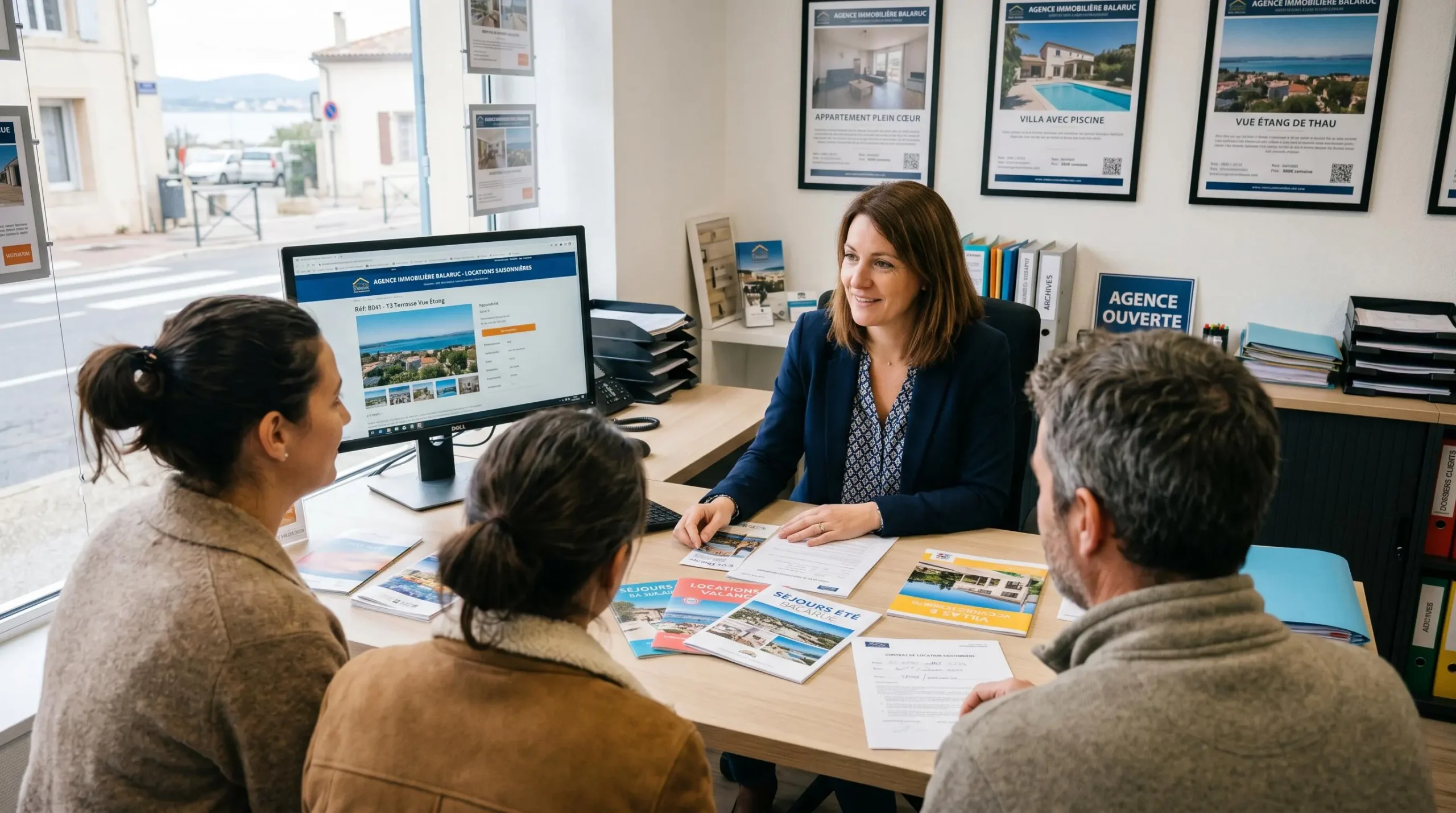 Conseillère immobilière dans une agence à Balaruc-les-Bains présentant des documents de location saisonnière à un couple de clients, bureau contemporain avec écran et brochures