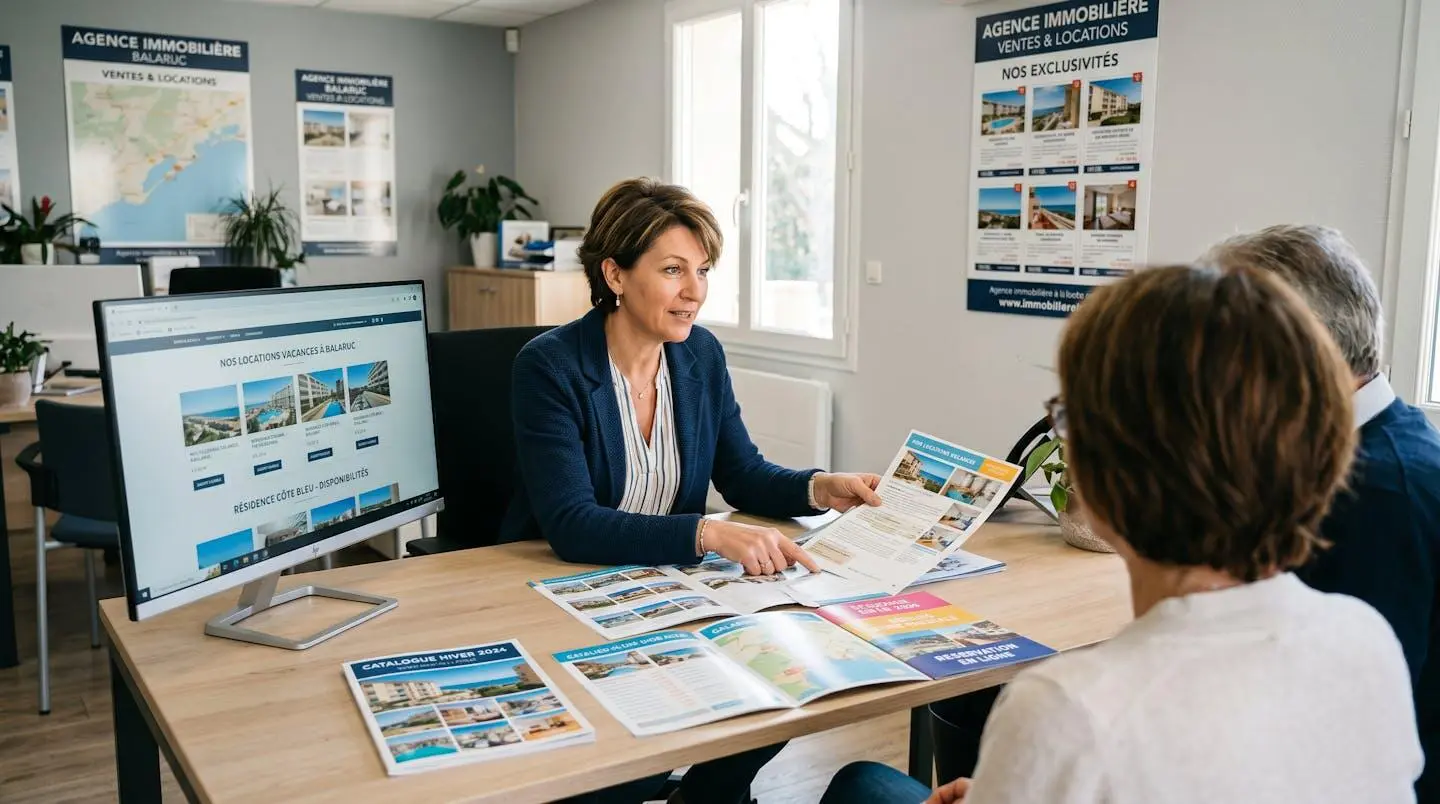 Conseillère immobilière dans une agence à Balaruc-les-Bains présentant des documents de location saisonnière à un couple de clients, bureau contemporain avec écran et brochures