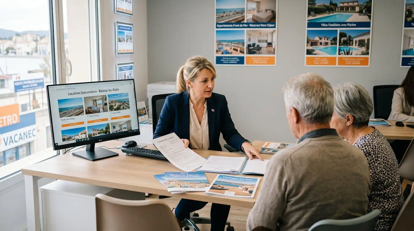 Conseillère immobilière dans une agence à Balaruc-les-Bains présentant des documents de location saisonnière à un couple de clients, bureau contemporain avec écran et brochures