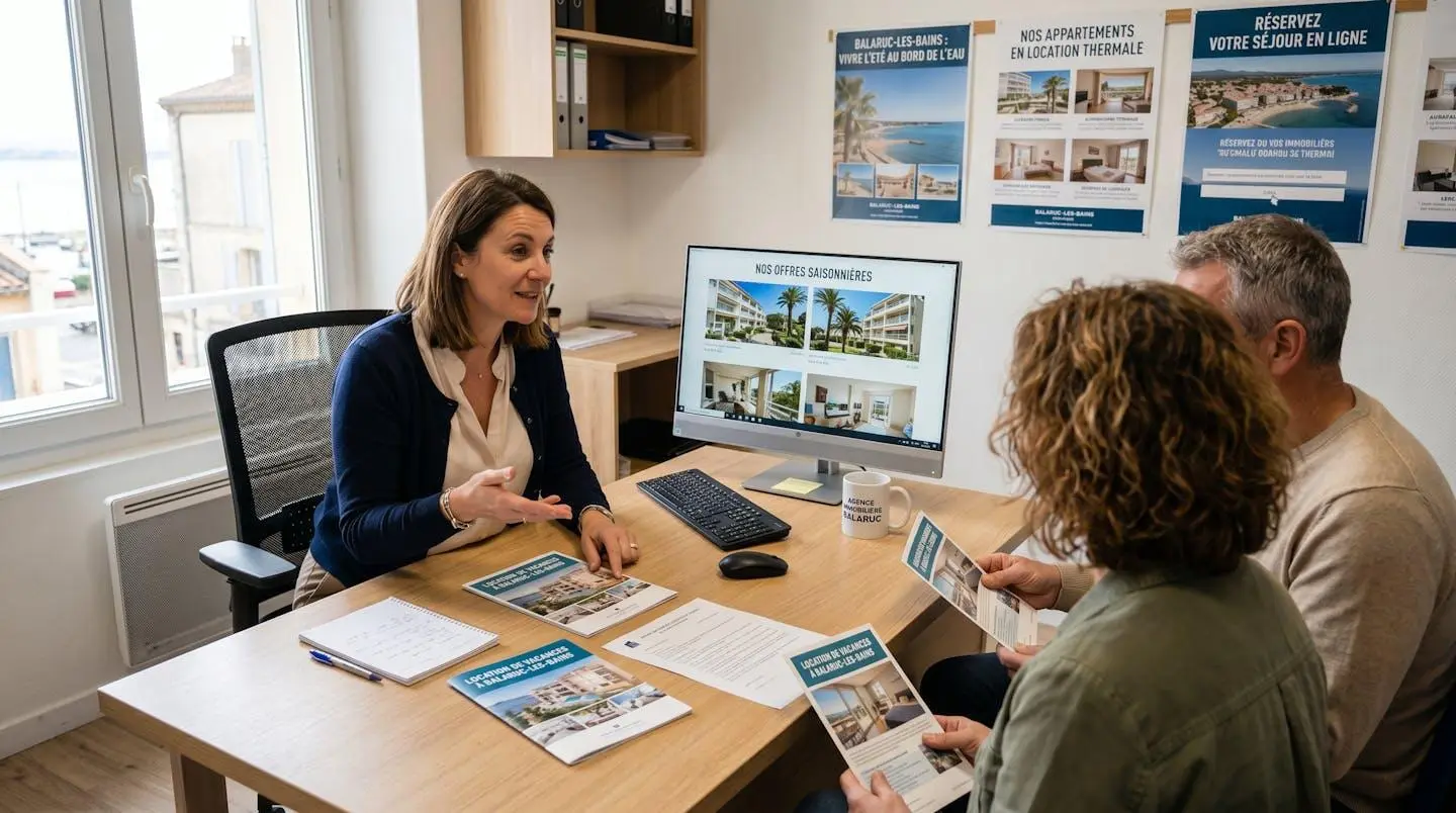 Conseillère immobilière dans une agence à Balaruc-les-Bains présentant des documents de location saisonnière à un couple de clients, bureau contemporain avec écran et brochures