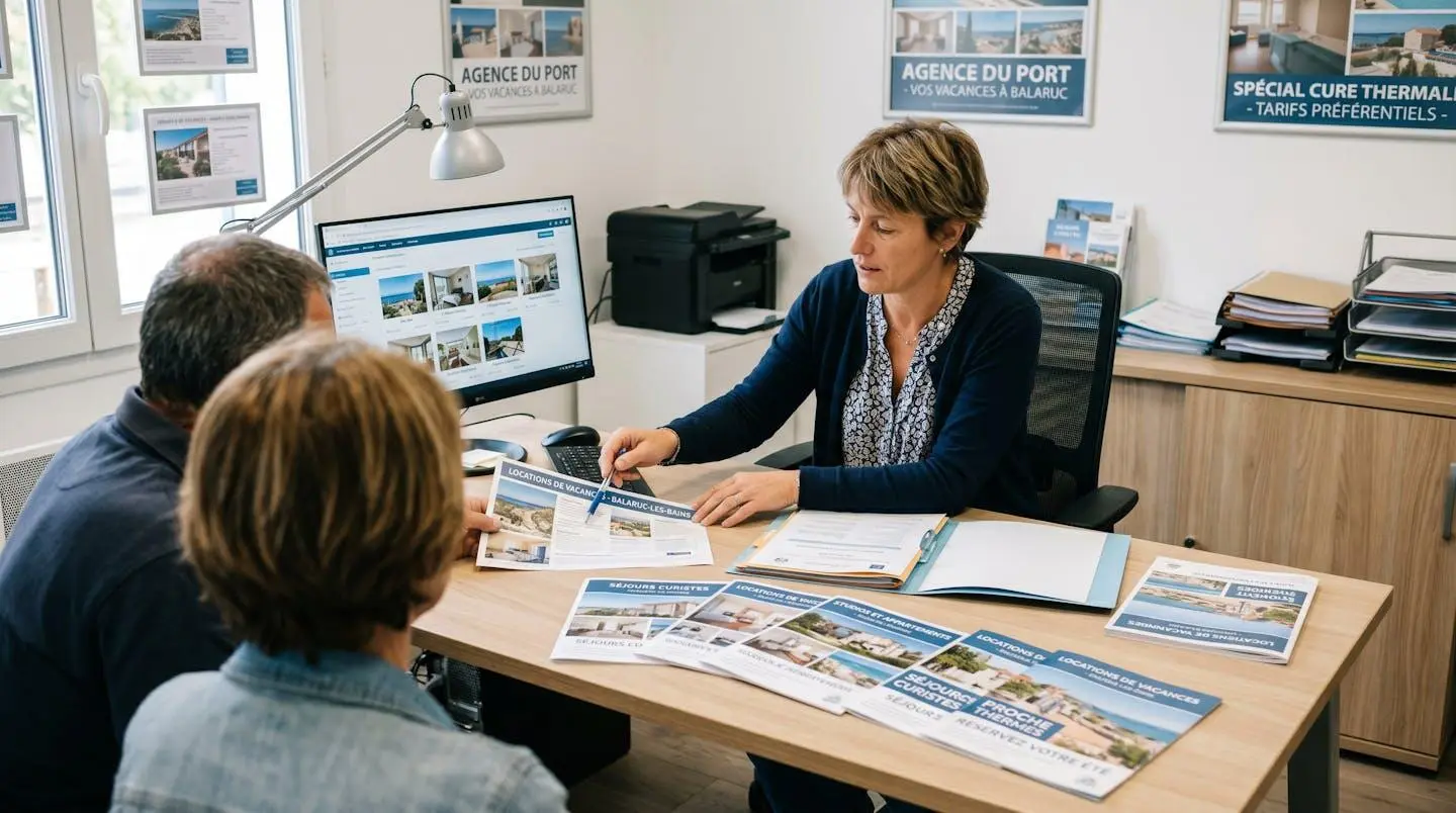 Conseillère immobilière dans une agence à Balaruc-les-Bains présentant des documents de location saisonnière à un couple de clients, bureau contemporain avec écran et brochures