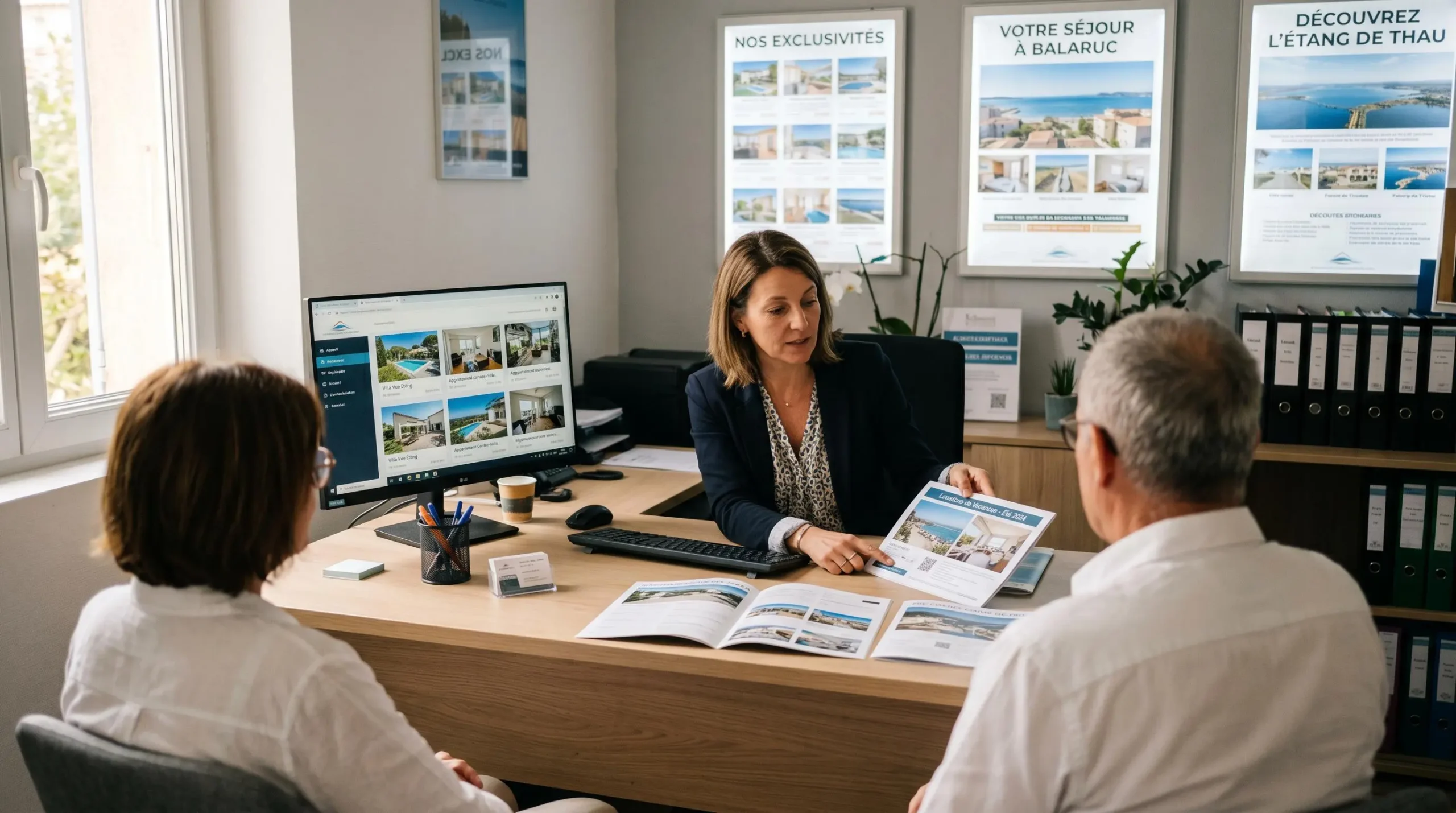 Conseillère immobilière dans une agence à Balaruc-les-Bains présentant des documents de location saisonnière à un couple de clients, bureau contemporain avec écran et brochures