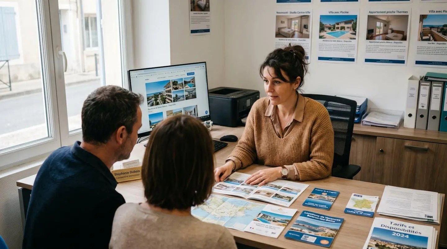 Conseillère immobilière dans une agence à Balaruc-les-Bains présentant des documents de location saisonnière à un couple de clients, bureau contemporain avec écran et brochures
