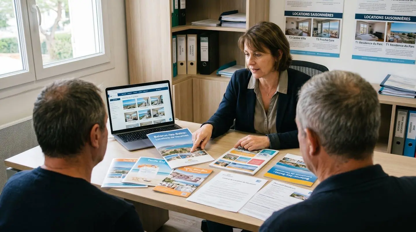 Conseillère immobilière dans une agence à Balaruc-les-Bains présentant des documents de location saisonnière à un couple de clients, bureau contemporain avec écran et brochures