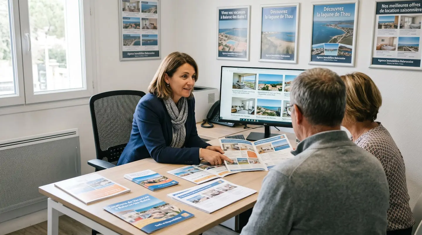 Conseillère immobilière dans une agence à Balaruc-les-Bains présentant des documents de location saisonnière à un couple de clients, bureau contemporain avec écran et brochures
