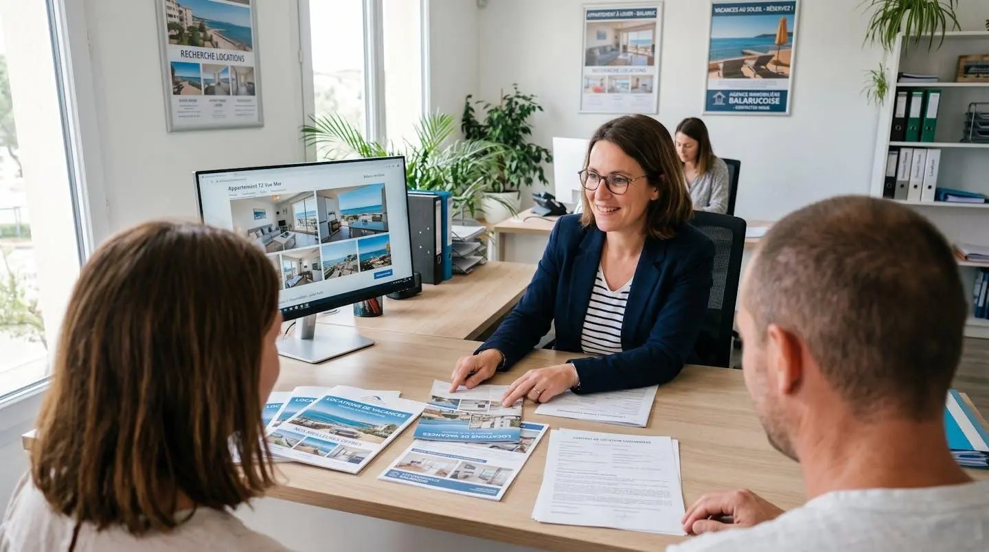 Conseillère immobilière dans une agence à Balaruc-les-Bains présentant des documents de location saisonnière à un couple de clients, bureau contemporain avec écran et brochures