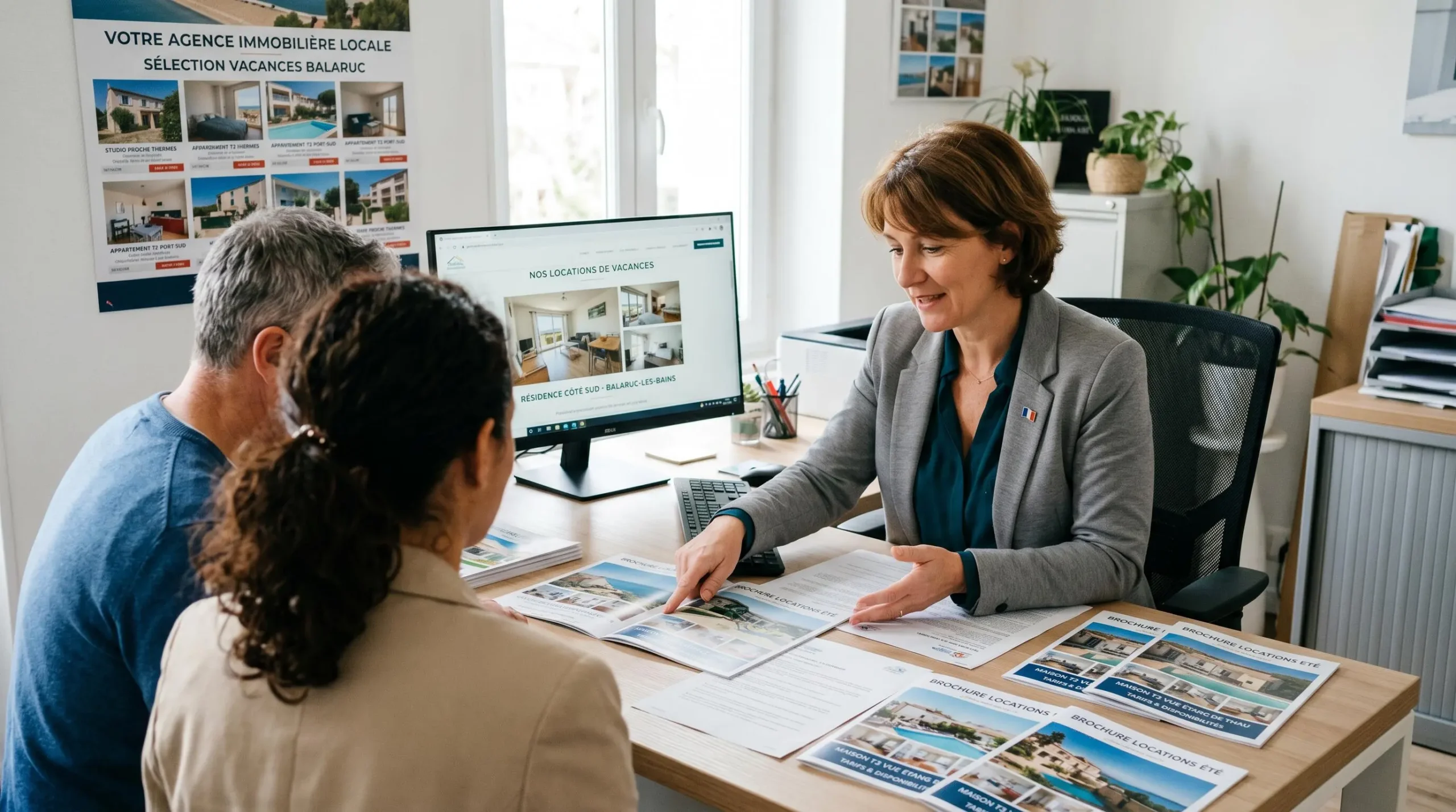 Conseillère immobilière dans une agence à Balaruc-les-Bains présentant des documents de location saisonnière à un couple de clients, bureau contemporain avec écran et brochures