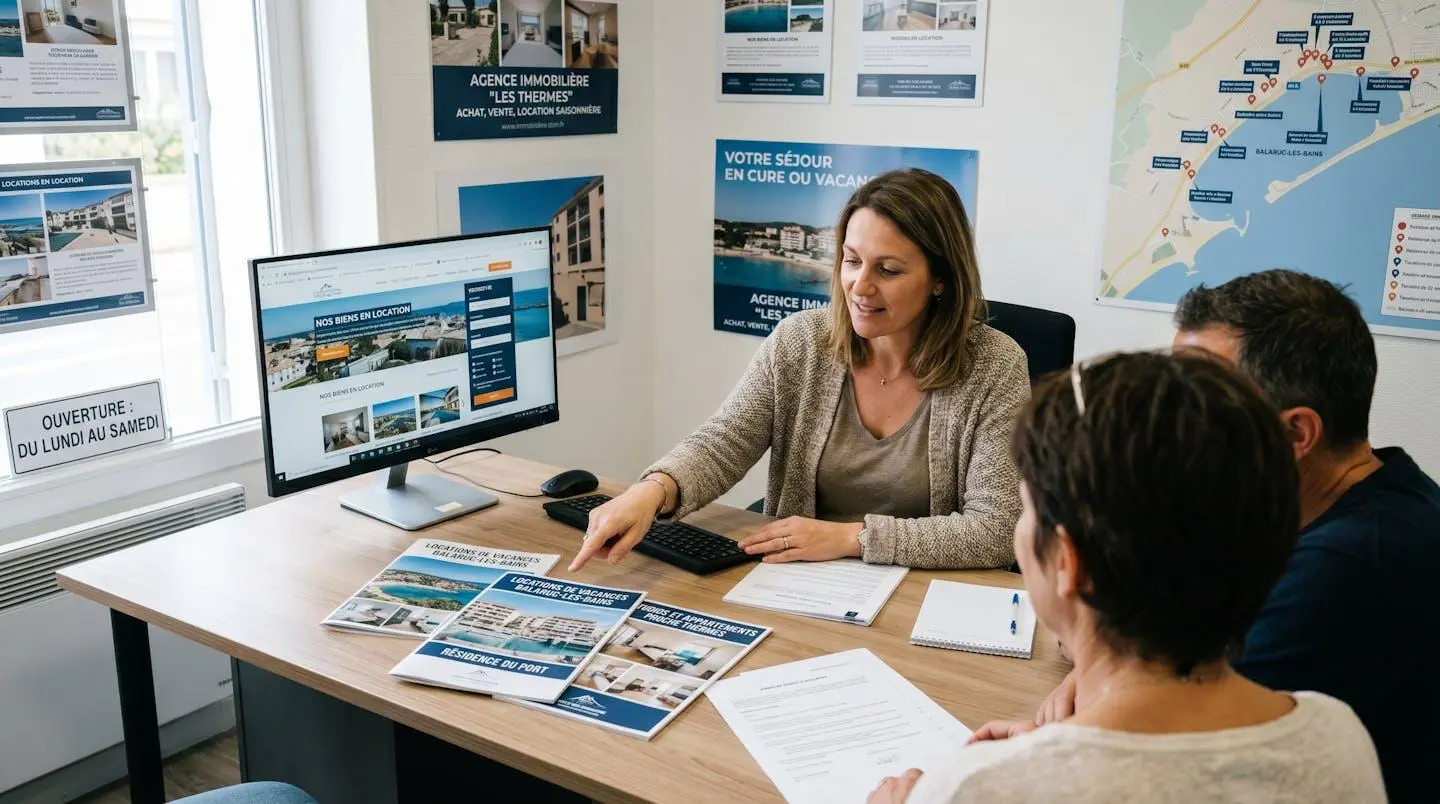 Conseillère immobilière dans une agence à Balaruc-les-Bains présentant des documents de location saisonnière à un couple de clients, bureau contemporain avec écran et brochures