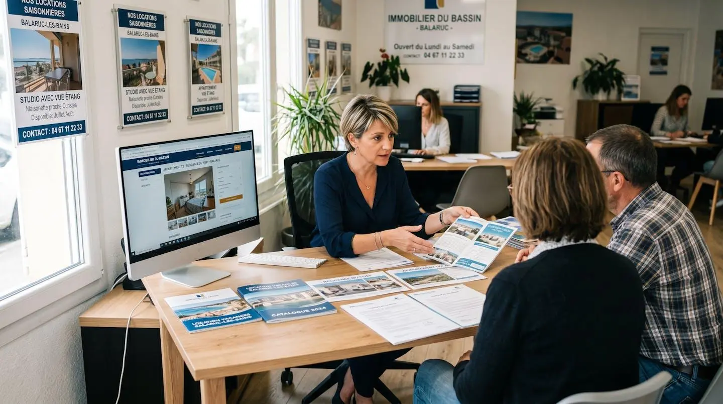 Conseillère immobilière dans une agence à Balaruc-les-Bains présentant des documents de location saisonnière à un couple de clients, bureau contemporain avec écran et brochures