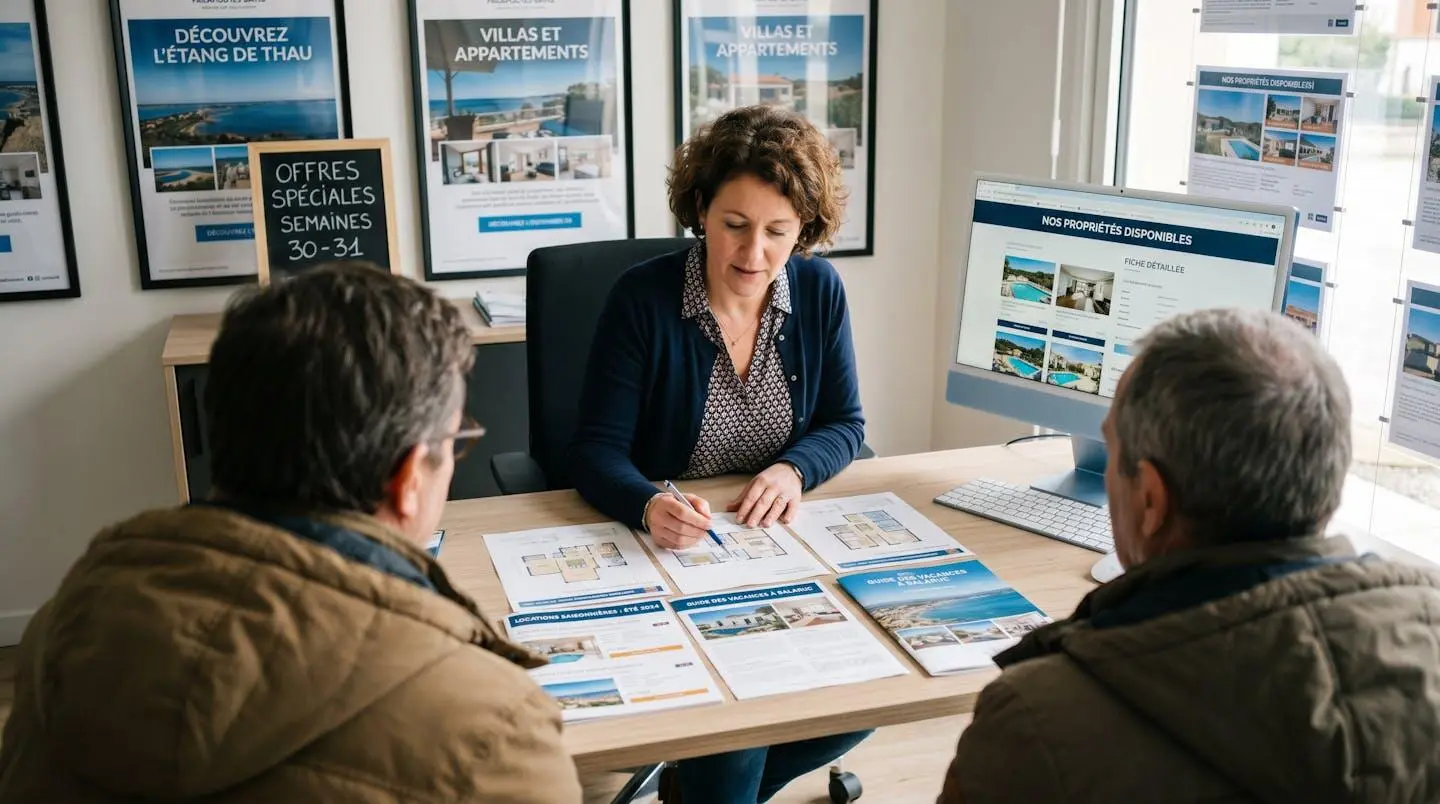 Conseillère immobilière dans une agence à Balaruc-les-Bains présentant des documents de location saisonnière à un couple de clients, bureau contemporain avec écran et brochures