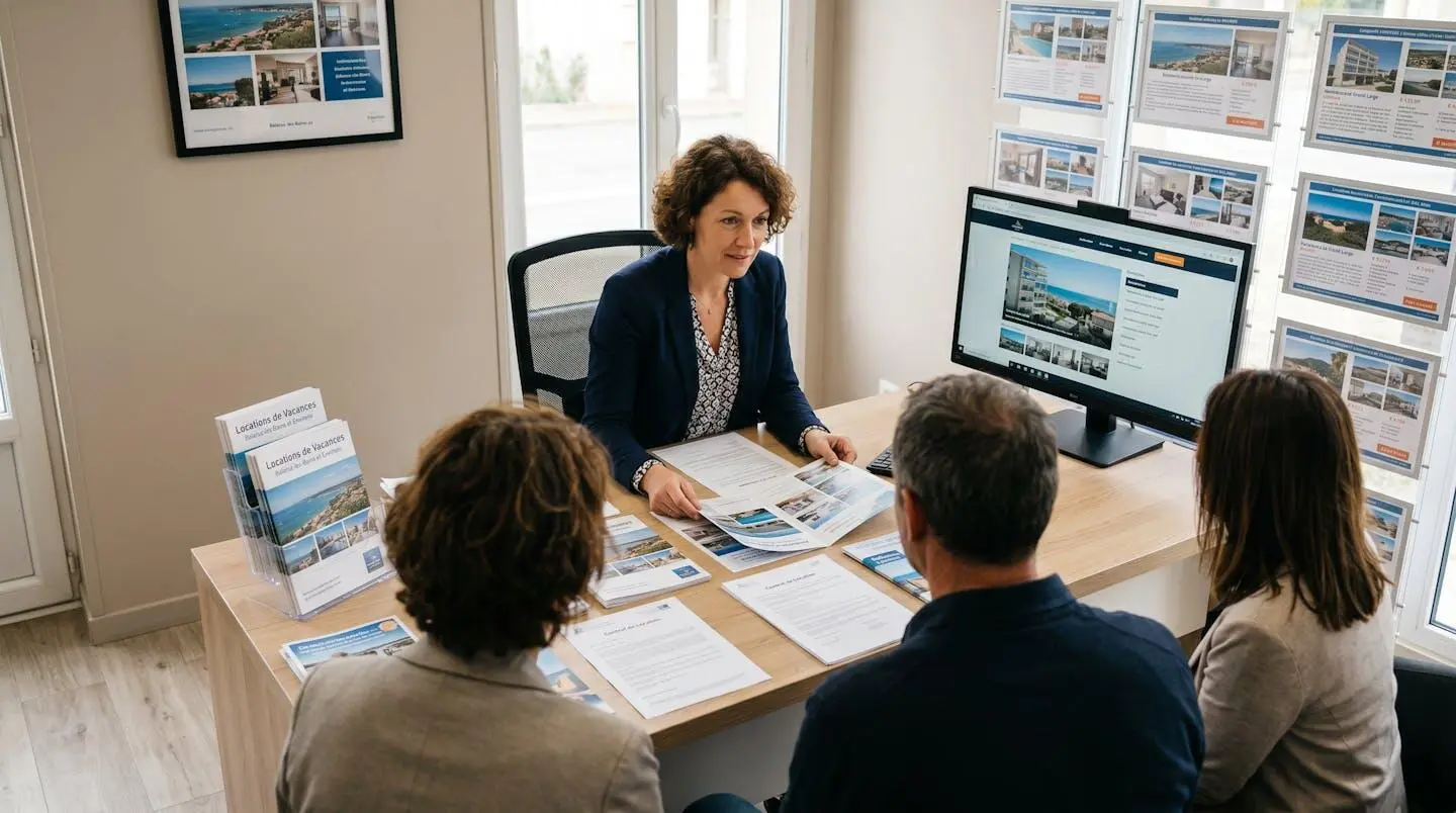 Conseillère immobilière dans une agence à Balaruc-les-Bains présentant des documents de location saisonnière à un couple de clients, bureau contemporain avec écran et brochures