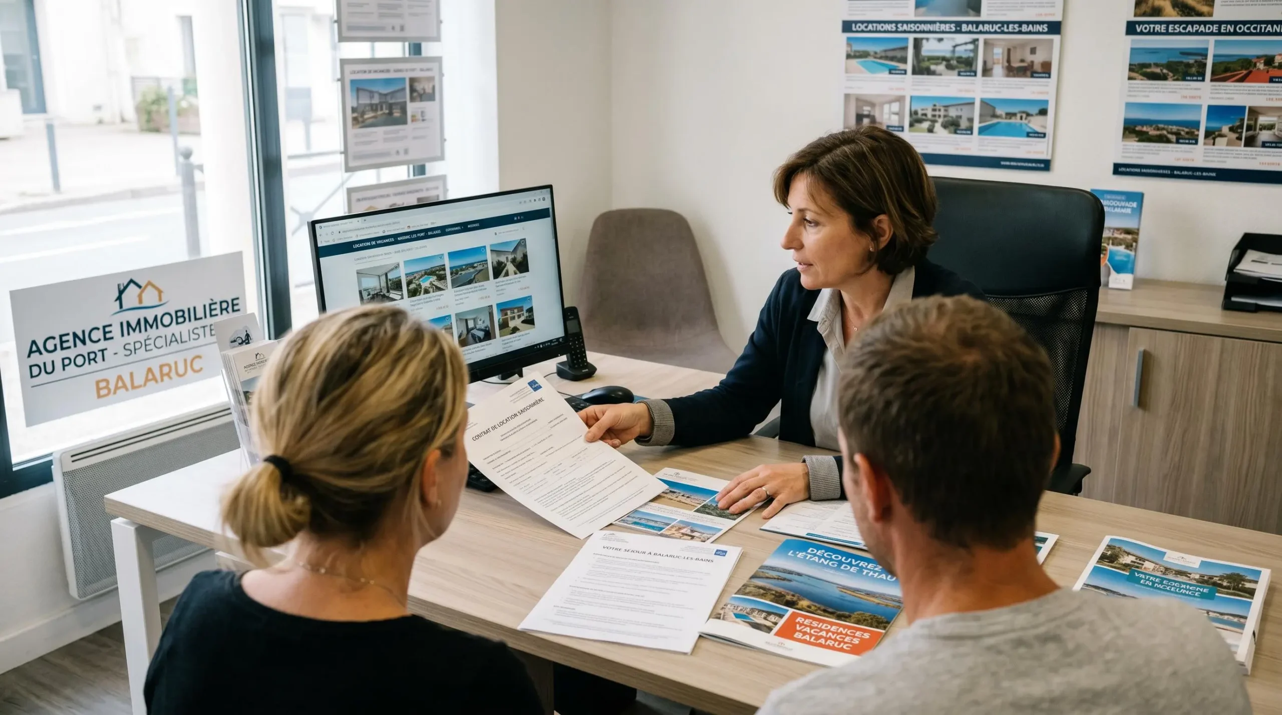 Conseillère immobilière dans une agence à Balaruc-les-Bains présentant des documents de location saisonnière à un couple de clients, bureau contemporain avec écran et brochures