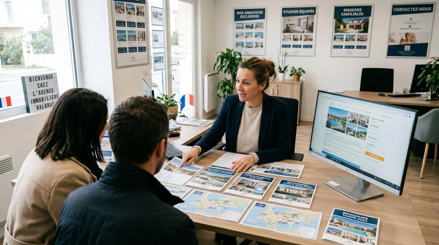 Conseillère immobilière dans une agence à Balaruc-les-Bains présentant des documents de location saisonnière à un couple de clients, bureau contemporain avec écran et brochures