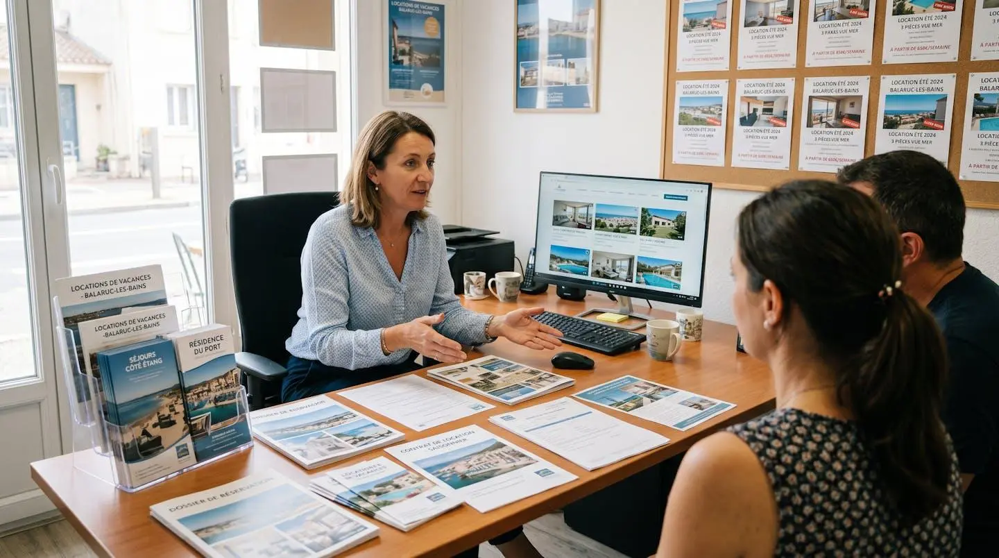 Conseillère immobilière dans une agence à Balaruc-les-Bains présentant des documents de location saisonnière à un couple de clients, bureau contemporain avec écran et brochures