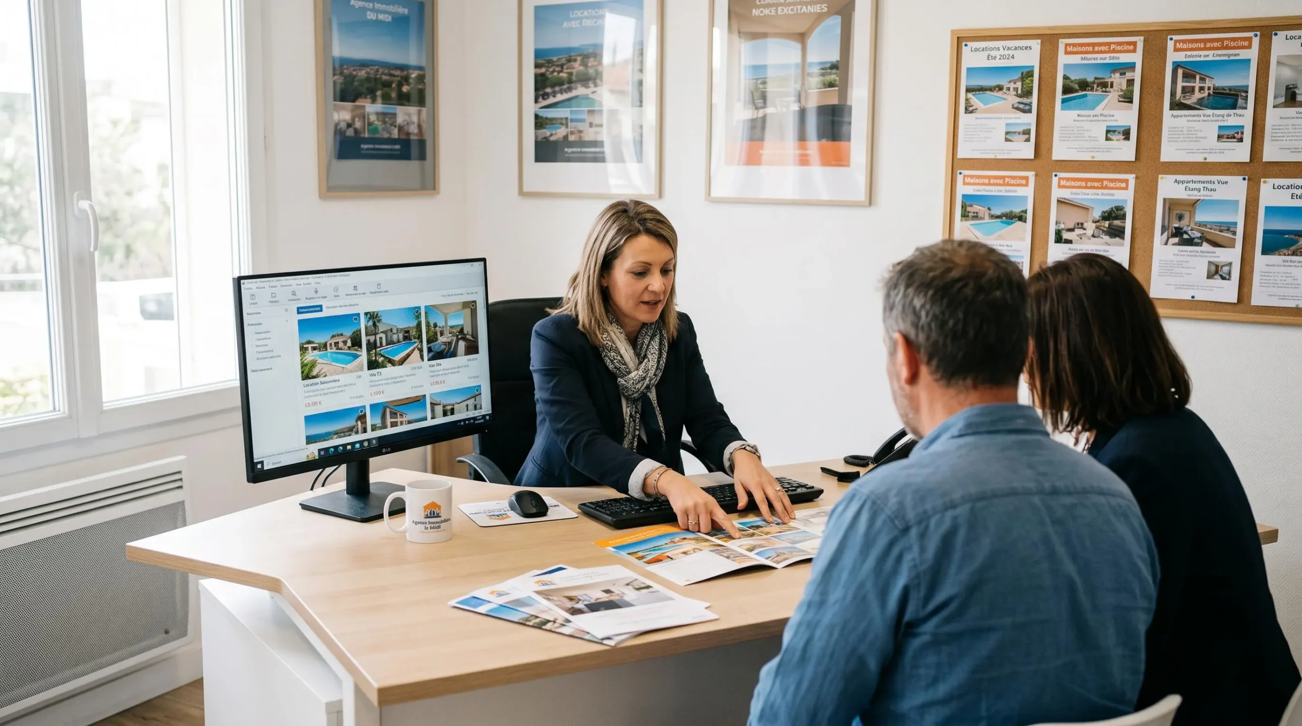 Conseillère immobilière dans une agence à Balaruc-les-Bains présentant des documents de location saisonnière à un couple de clients, bureau contemporain avec écran et brochures