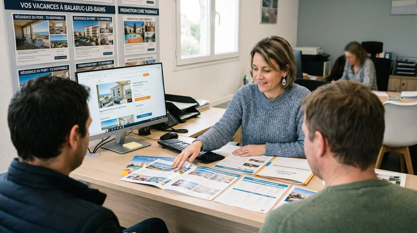 Conseillère immobilière dans une agence à Balaruc-les-Bains présentant des documents de location saisonnière à un couple de clients, bureau contemporain avec écran et brochures