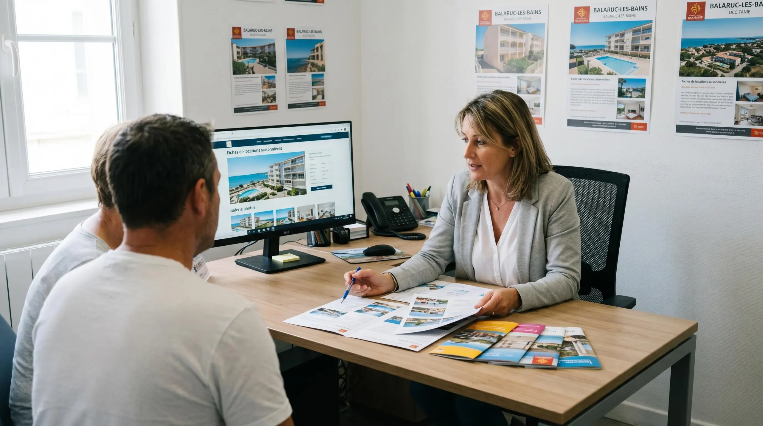 Conseillère immobilière dans une agence à Balaruc-les-Bains présentant des documents de location saisonnière à un couple de clients, bureau contemporain avec écran et brochures
