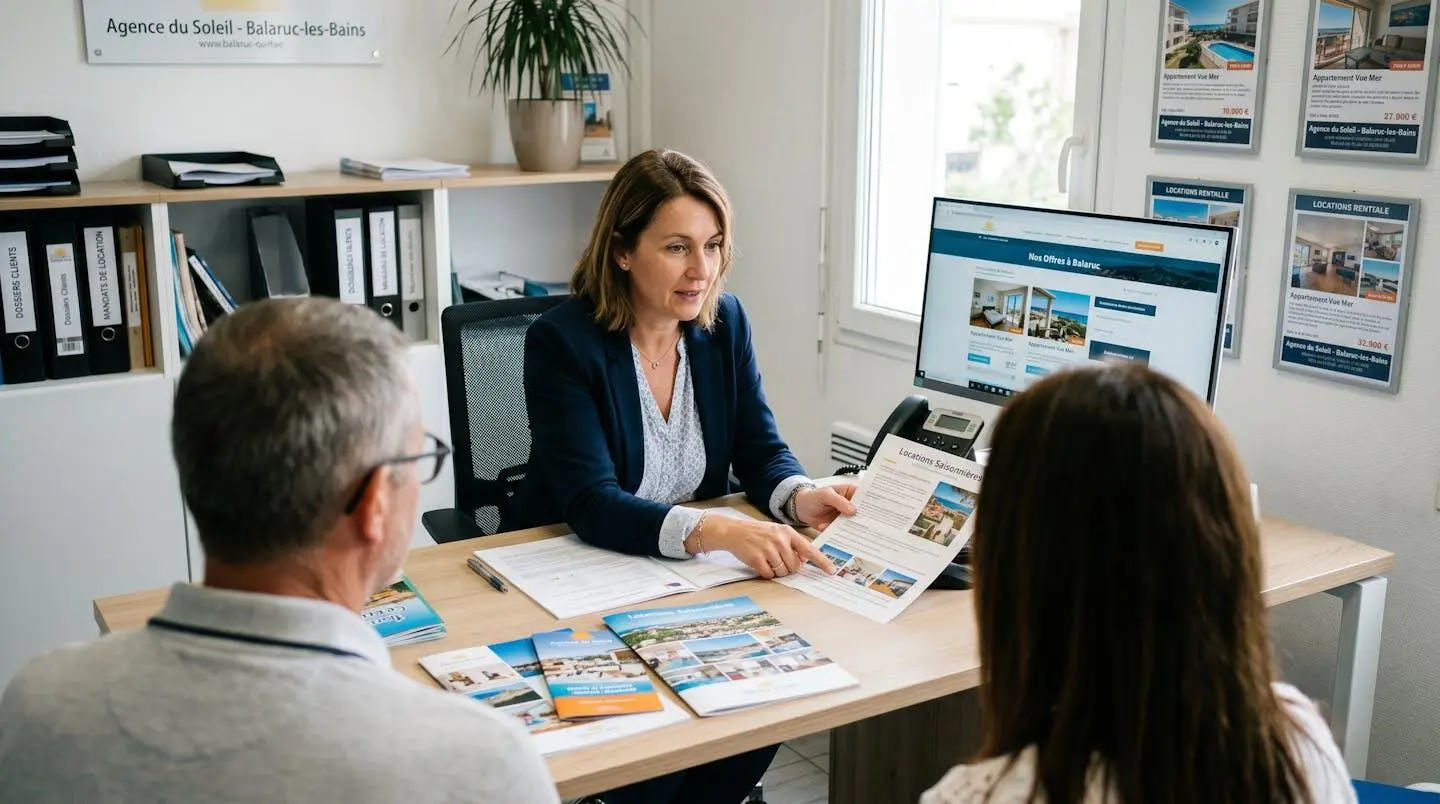 Conseillère immobilière dans une agence à Balaruc-les-Bains présentant des documents de location saisonnière à un couple de clients, bureau contemporain avec écran et brochures