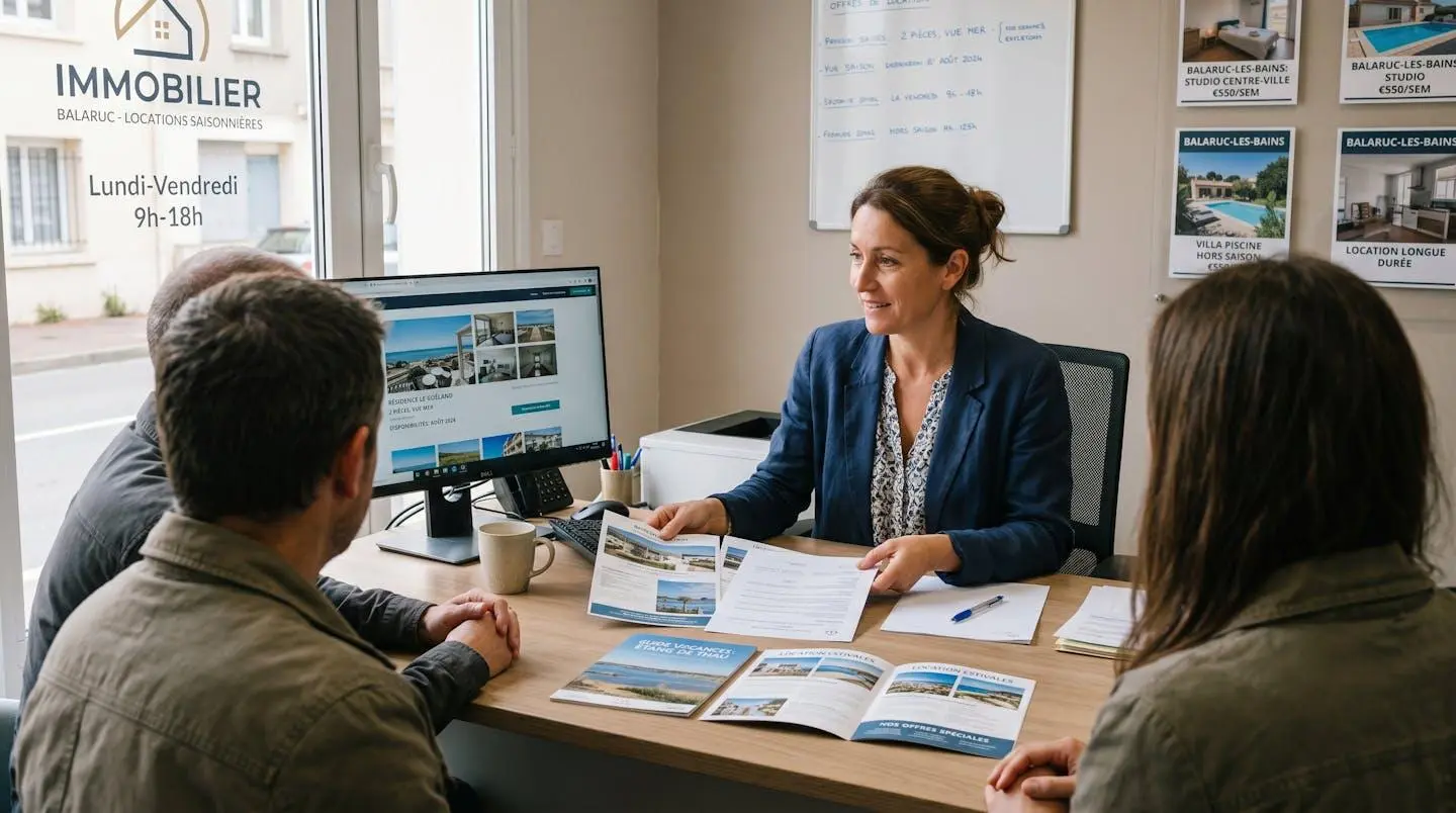 Conseillère immobilière dans une agence à Balaruc-les-Bains présentant des documents de location saisonnière à un couple de clients, bureau contemporain avec écran et brochures